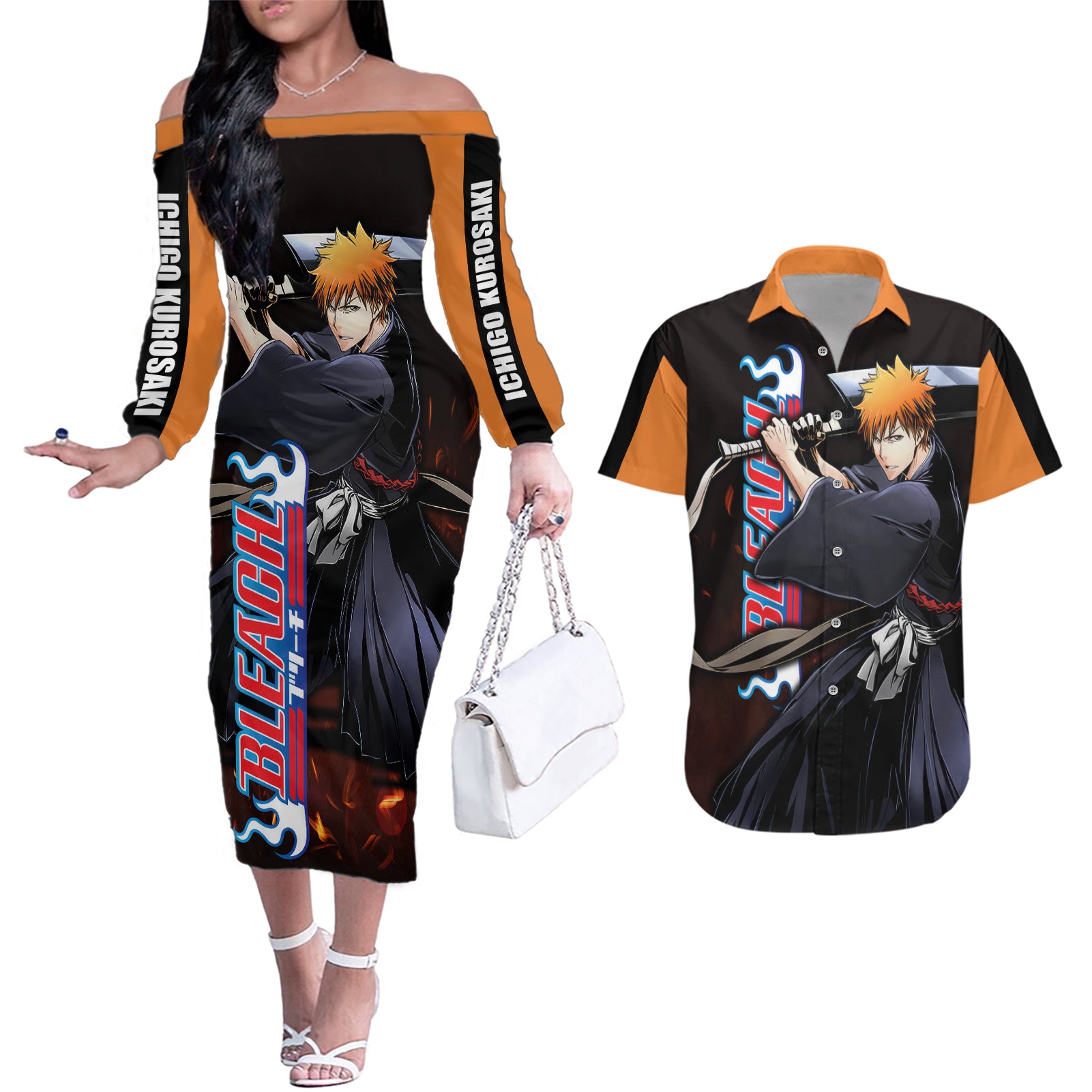 Ichigo Kurosaki Couples Matching Off The Shoulder Long Sleeve Dress and Hawaiian Shirt