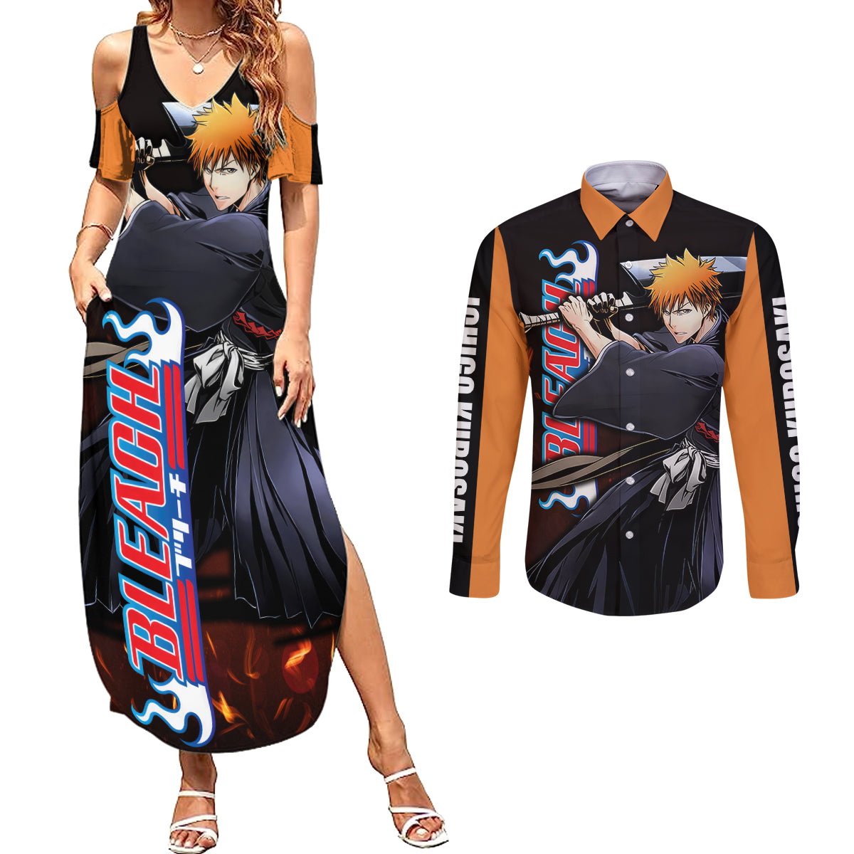 Ichigo Kurosaki Couples Matching Summer Maxi Dress and Long Sleeve Button Shirt