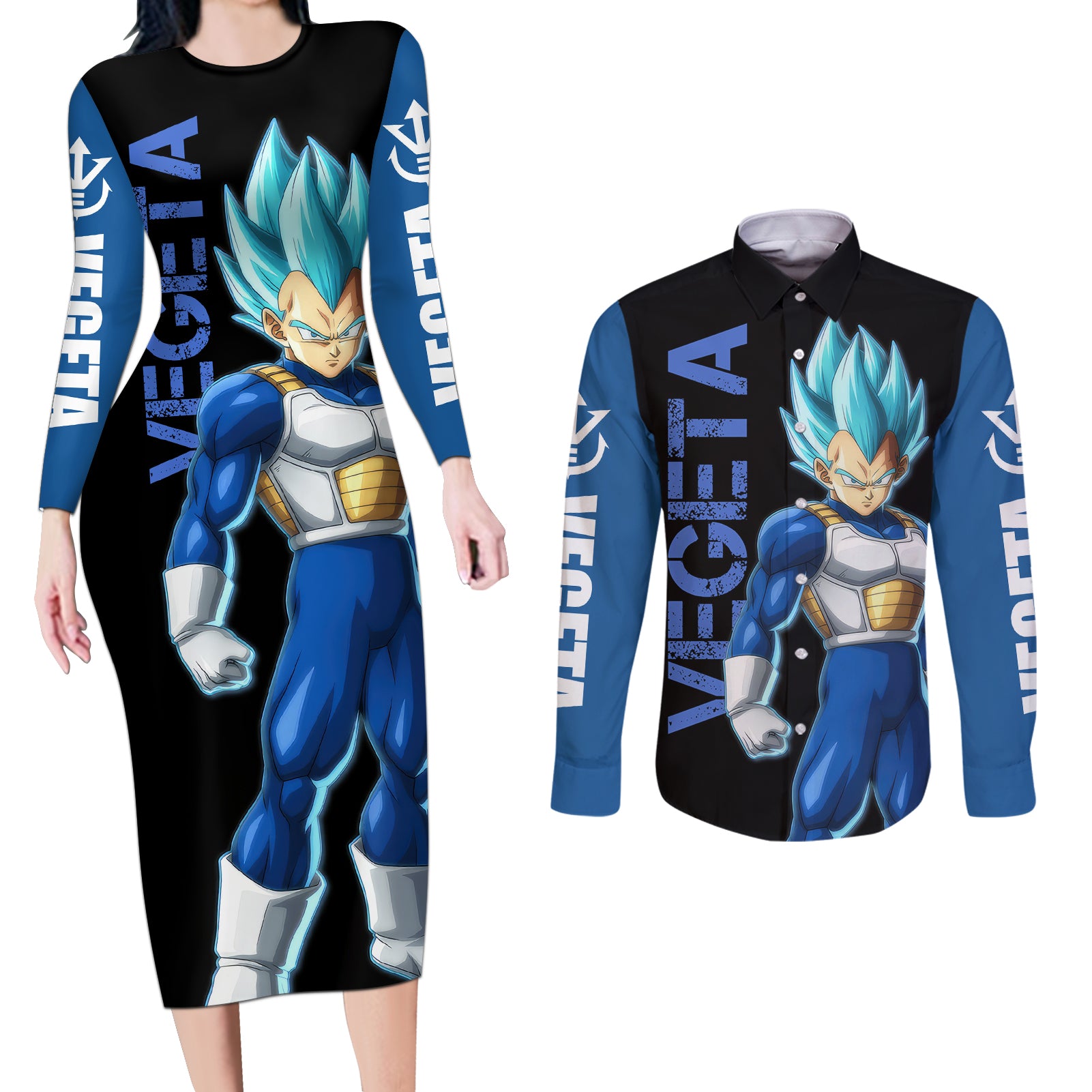 Vegeta Blue Dragon Ball Anime Couples Matching Long Sleeve Bodycon Dress and Long Sleeve Button Shirt