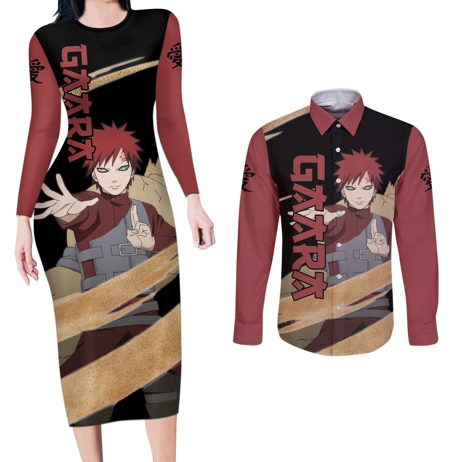 Gaara Couples Matching Long Sleeve Bodycon Dress and Long Sleeve Button Shirt