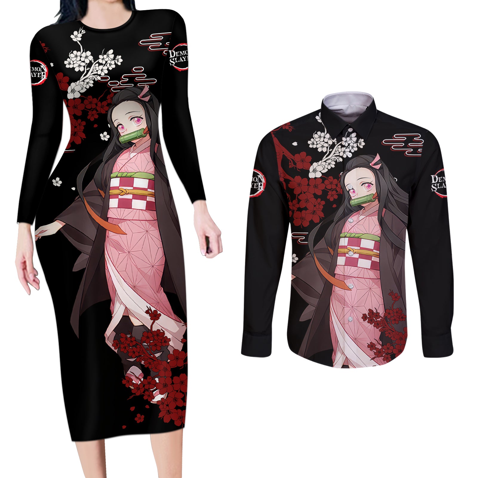 Nezuko Kamado Hoodie Demon Slayer Couples Matching Long Sleeve Bodycon Dress and Long Sleeve Button Shirt