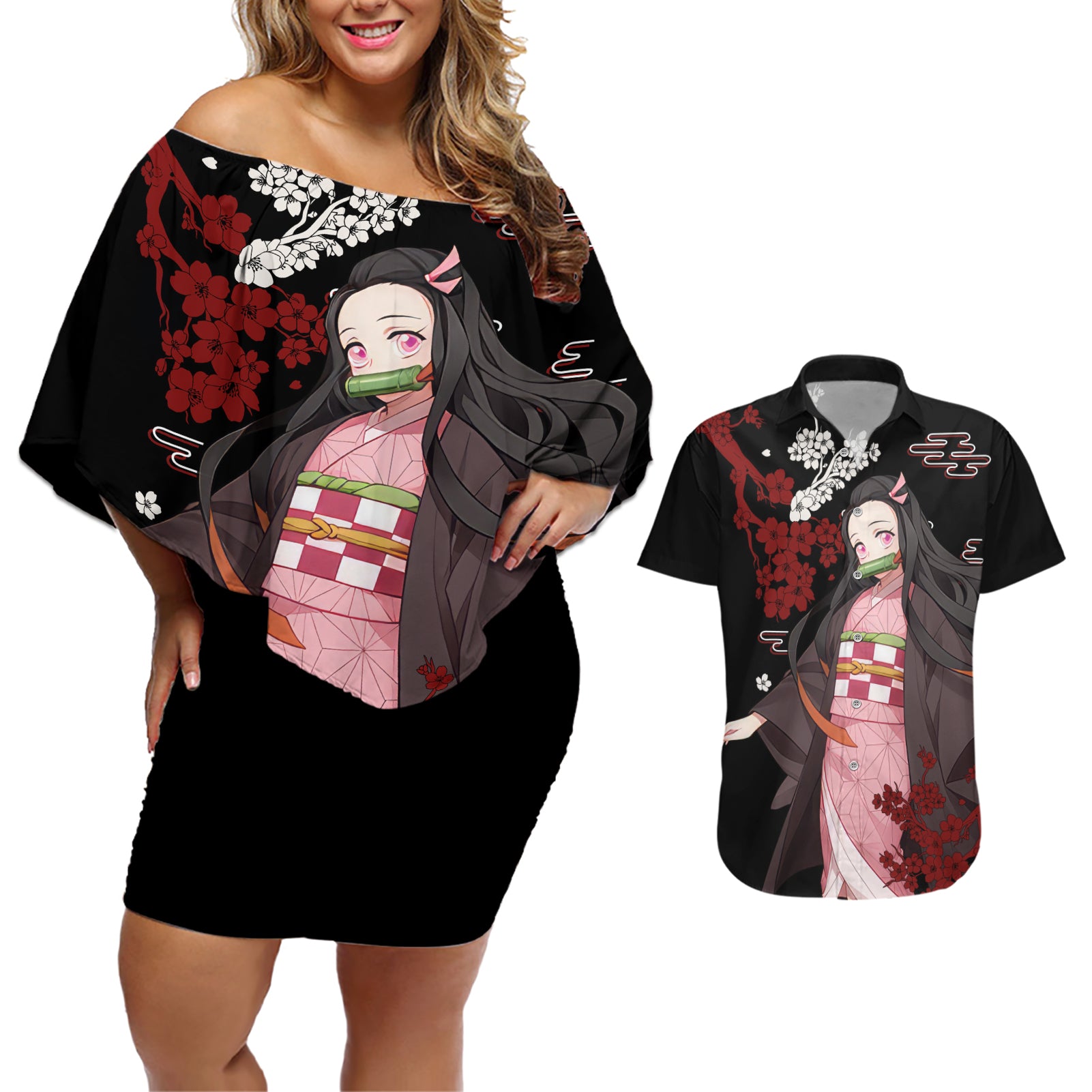 Nezuko Kamado Hoodie Demon Slayer Couples Matching Off Shoulder Short Dress and Hawaiian Shirt