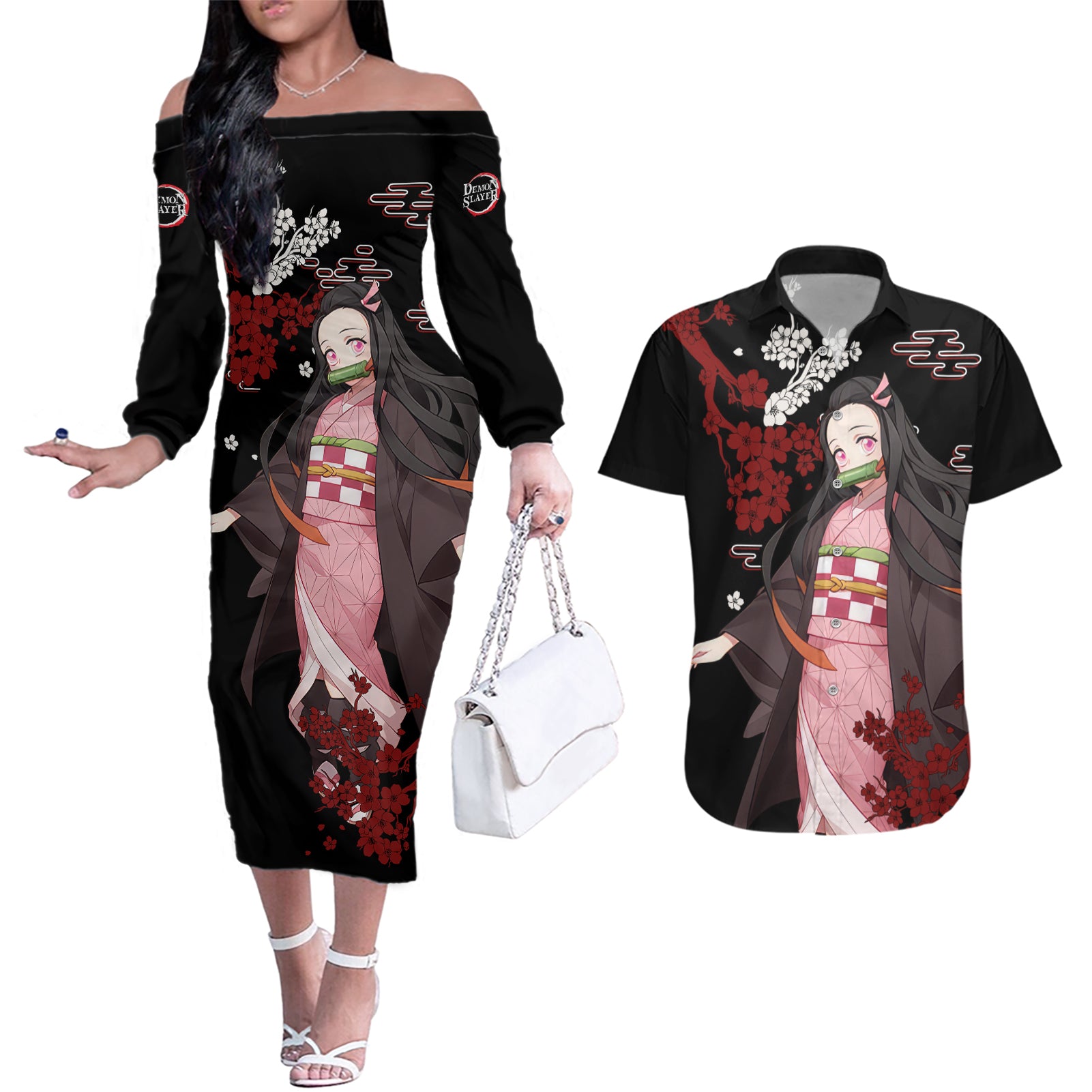 Nezuko Kamado Hoodie Demon Slayer Couples Matching Off The Shoulder Long Sleeve Dress and Hawaiian Shirt