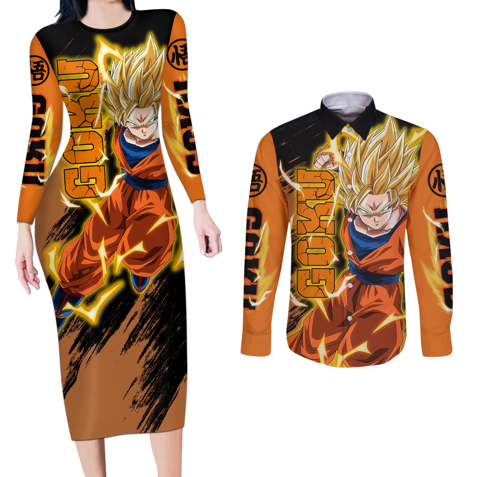 Goku Super Saiyan - Dragon Ball Couples Matching Long Sleeve Bodycon Dress and Long Sleeve Button Shirt