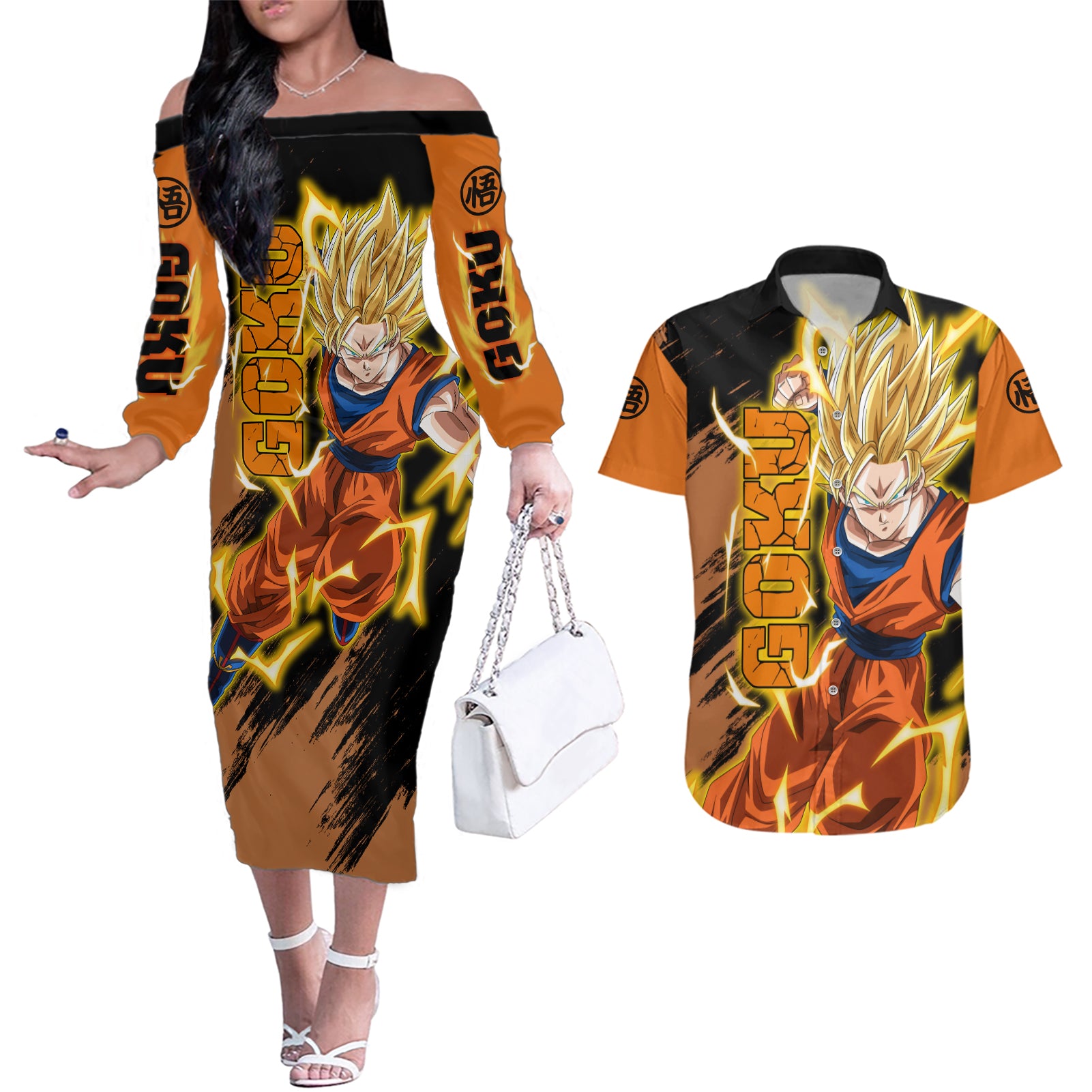 Goku Super Saiyan - Dragon Ball Couples Matching Off The Shoulder Long Sleeve Dress and Hawaiian Shirt