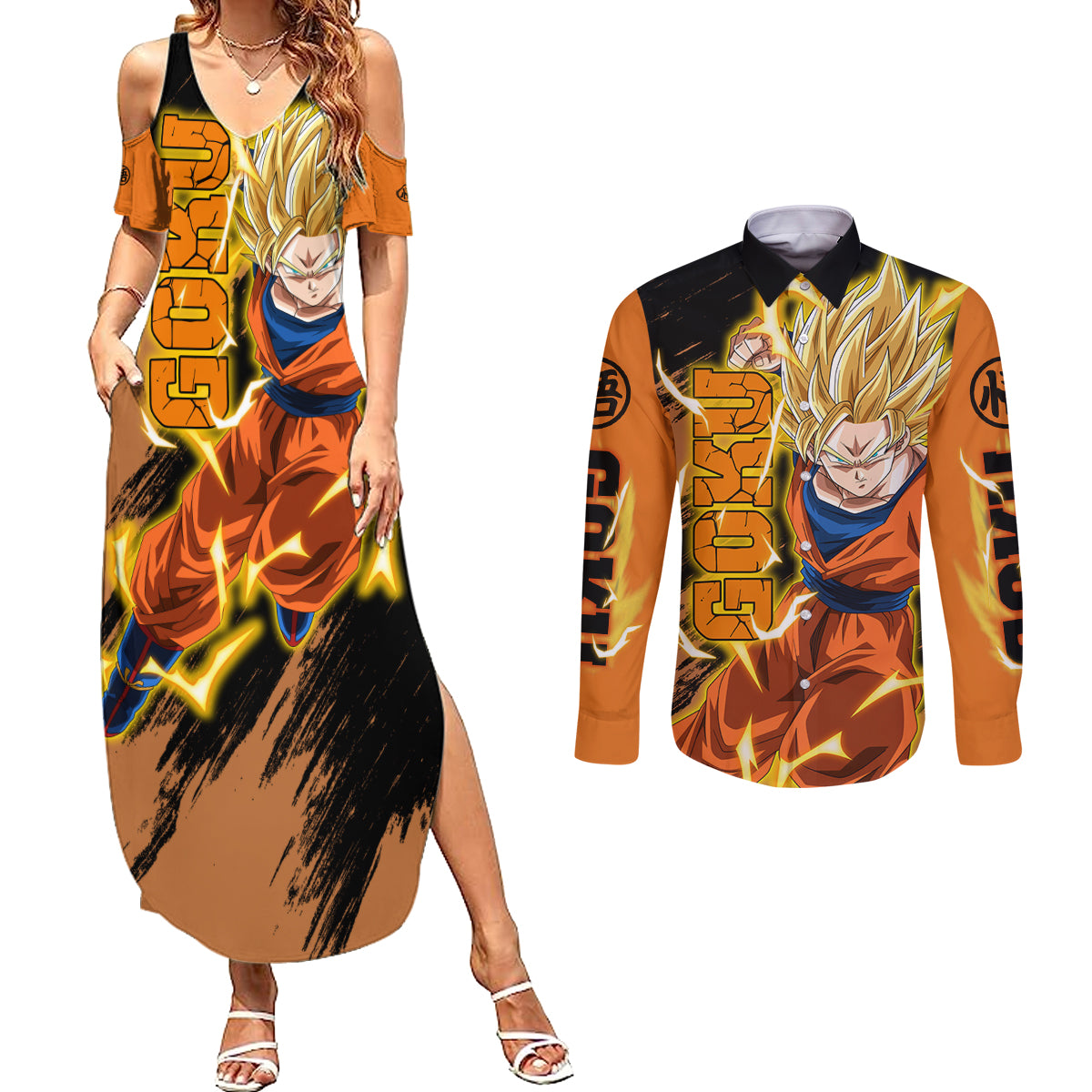 Goku Super Saiyan - Dragon Ball Couples Matching Summer Maxi Dress and Long Sleeve Button Shirt