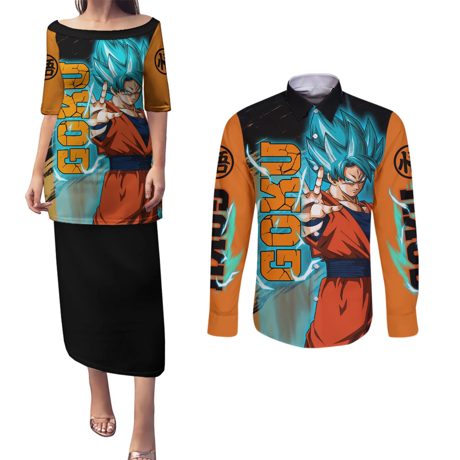 Goku Blue Anime - Dragon Ball Couples Matching Puletasi and Long Sleeve Button Shirt