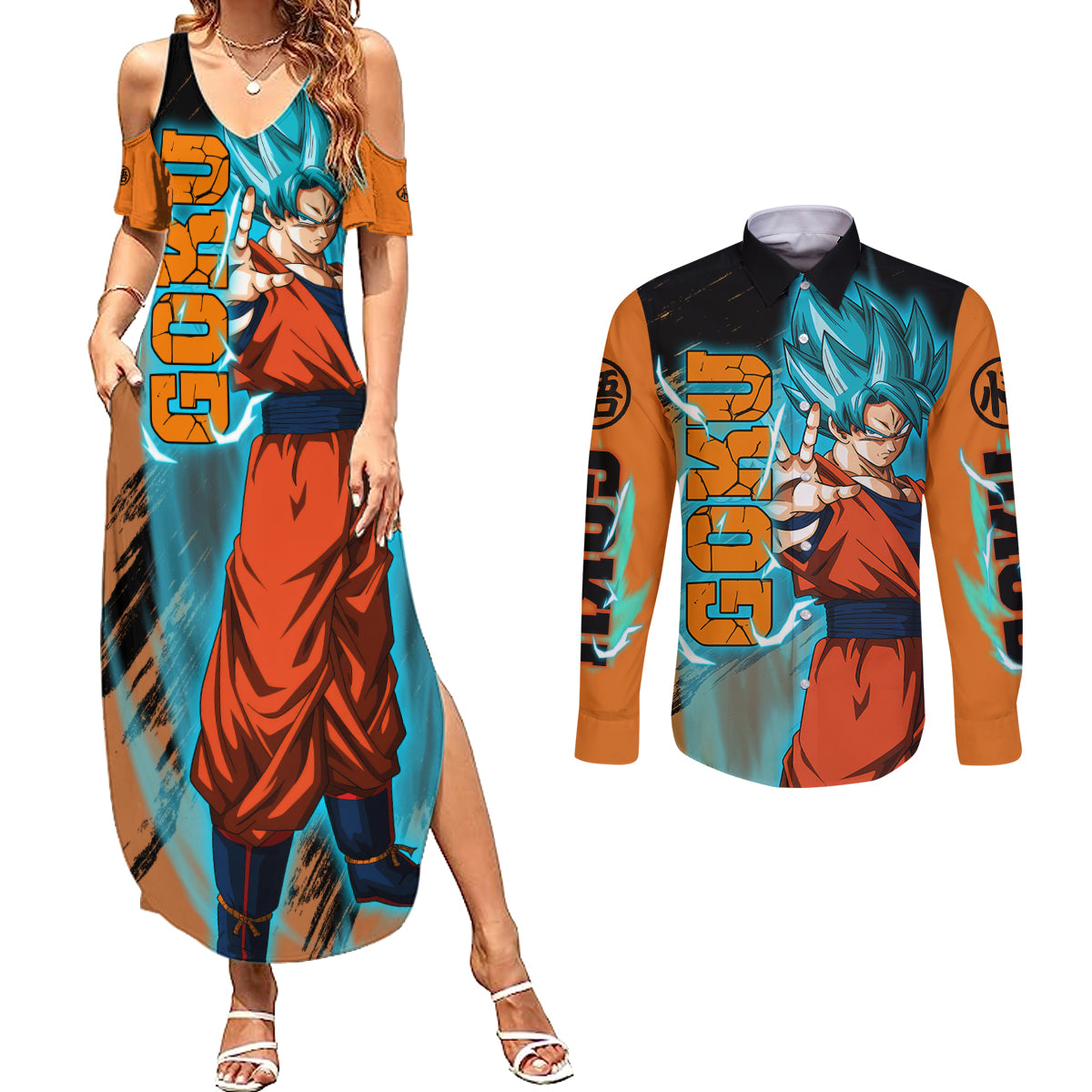 Goku Blue Anime - Dragon Ball Couples Matching Summer Maxi Dress and Long Sleeve Button Shirt