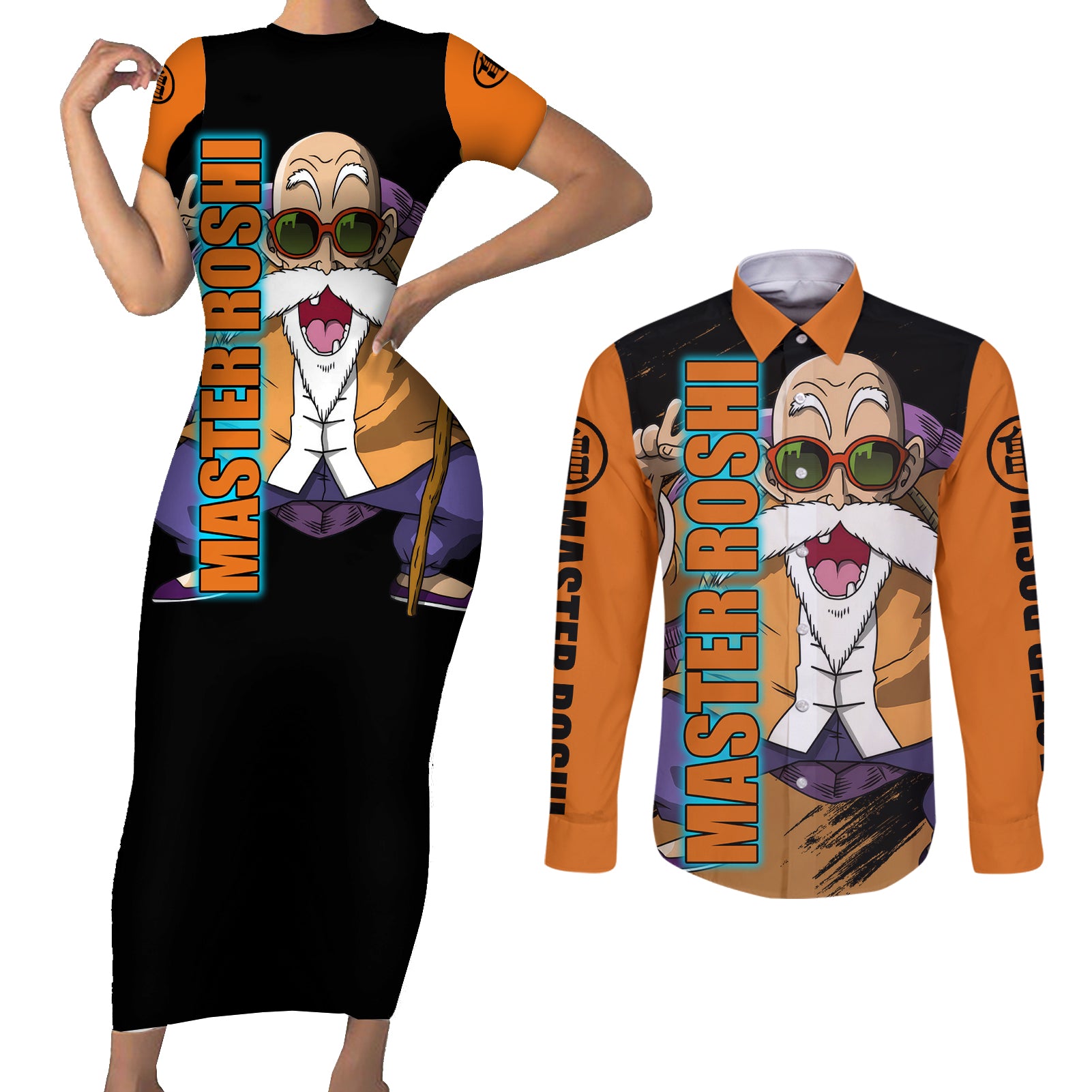 Master Roshi - Dragon Ball Couples Matching Short Sleeve Bodycon Dress and Long Sleeve Button Shirt