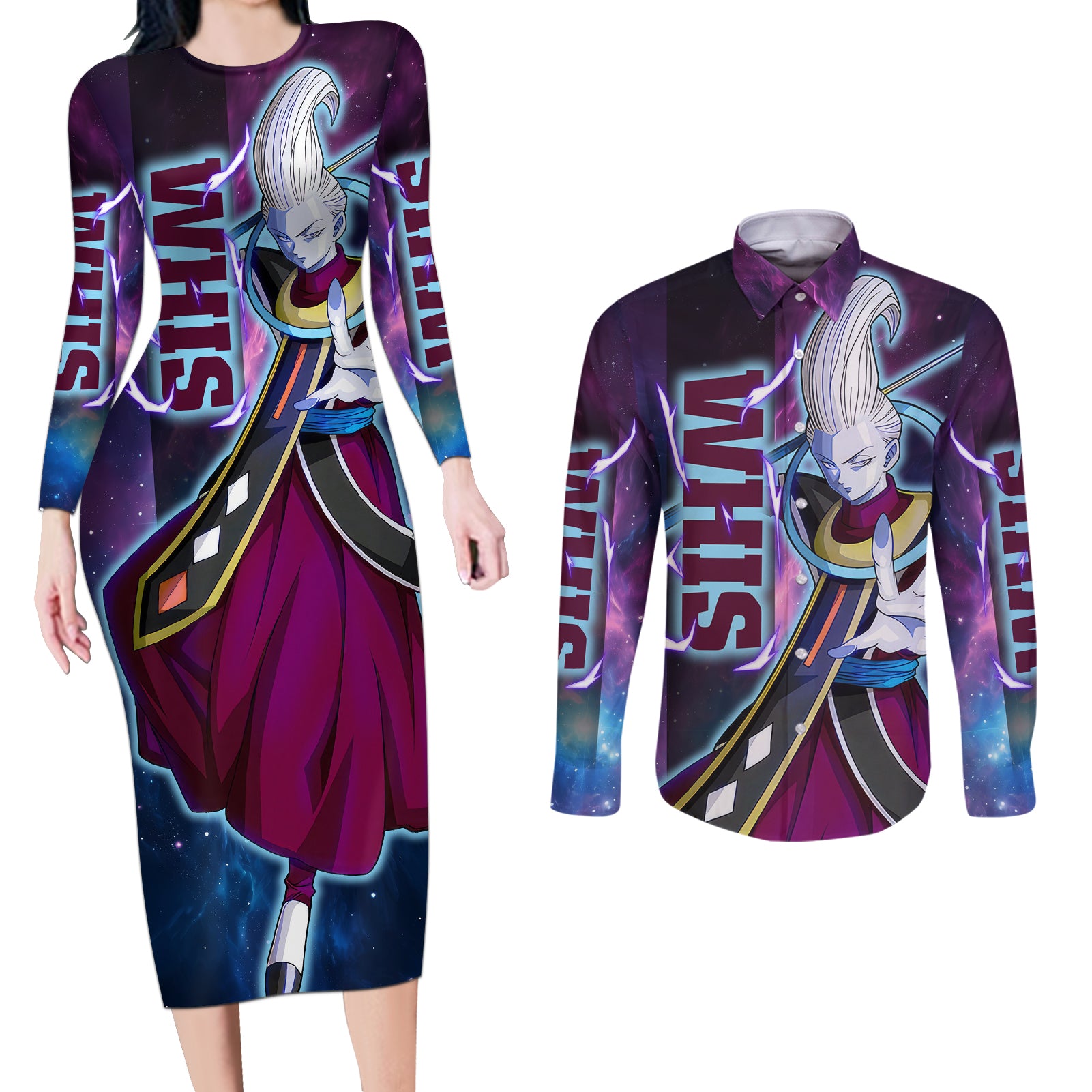 Whis - Dragon Ball Couples Matching Long Sleeve Bodycon Dress and Long Sleeve Button Shirt