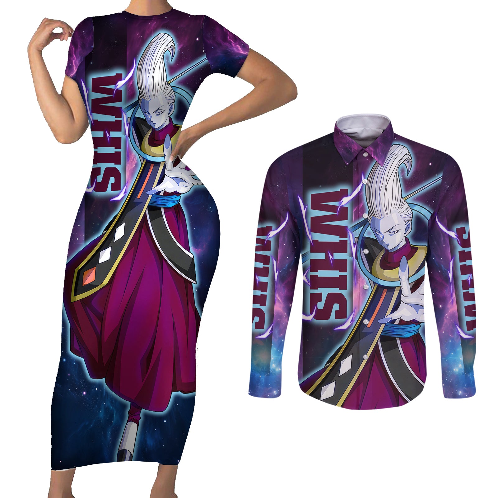 Whis - Dragon Ball Couples Matching Short Sleeve Bodycon Dress and Long Sleeve Button Shirt