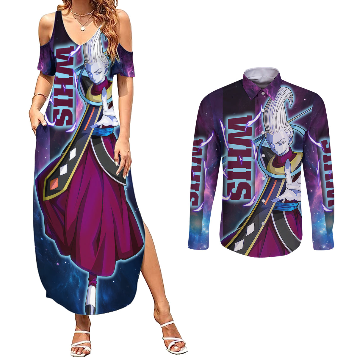 Whis - Dragon Ball Couples Matching Summer Maxi Dress and Long Sleeve Button Shirt