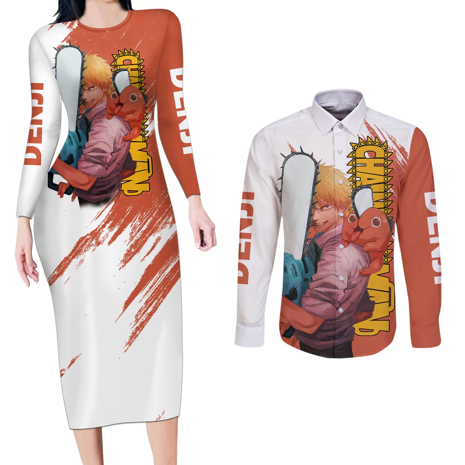 Denji Couples Matching Long Sleeve Bodycon Dress and Long Sleeve Button Shirt Chainsaw Man