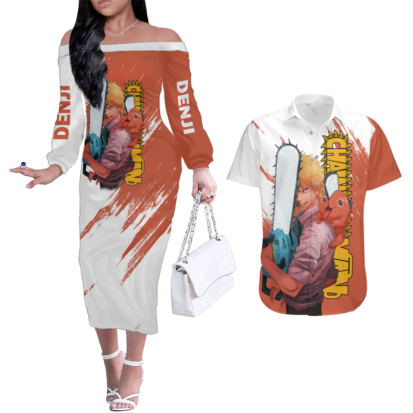 Denji Couples Matching Off The Shoulder Long Sleeve Dress and Hawaiian Shirt Chainsaw Man