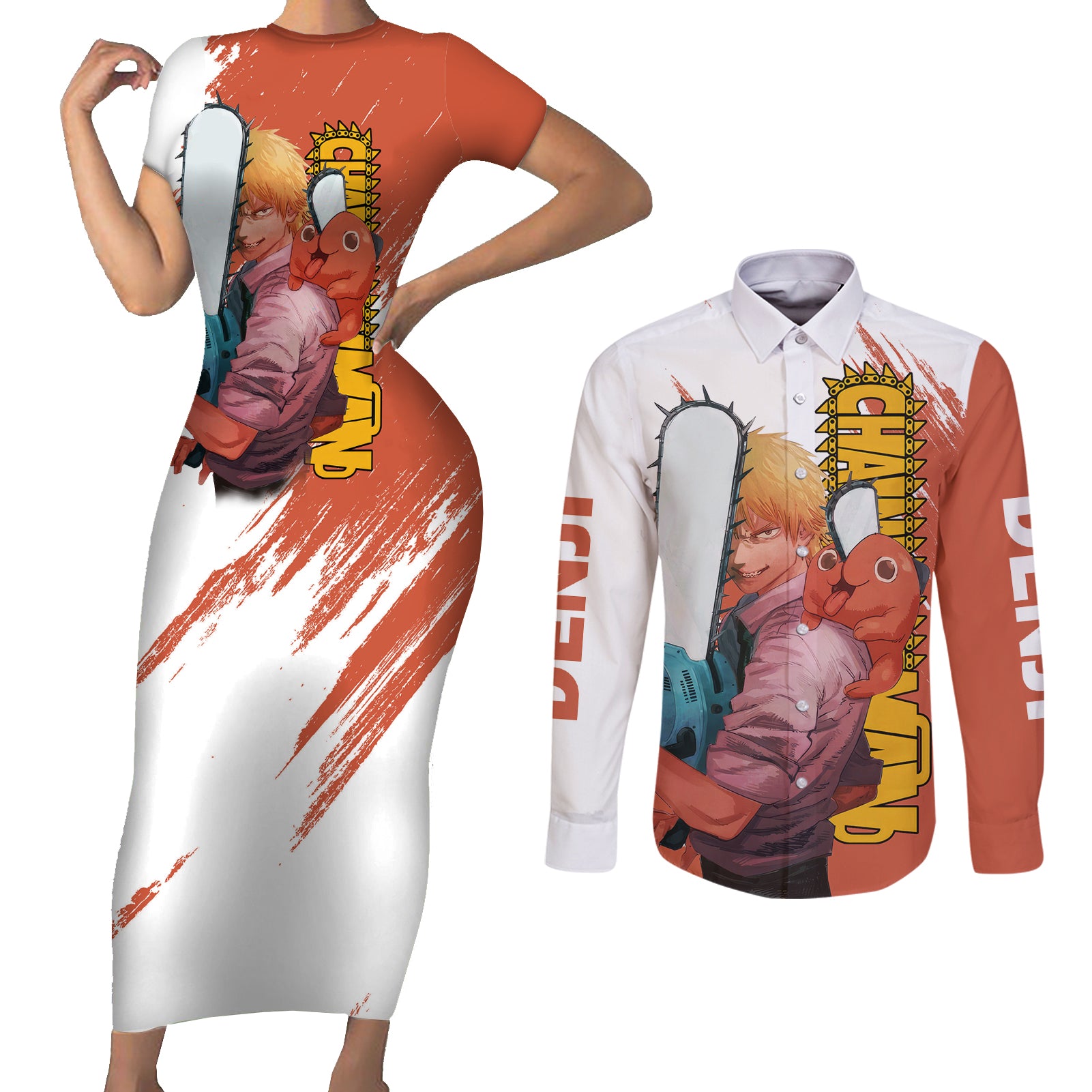 Denji Couples Matching Short Sleeve Bodycon Dress and Long Sleeve Button Shirt Chainsaw Man