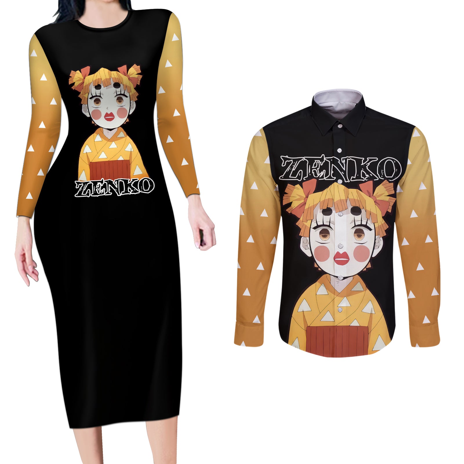 Zenitsu Zenko Demon Slayer Couples Matching Long Sleeve Bodycon Dress and Long Sleeve Button Shirt Funny Face