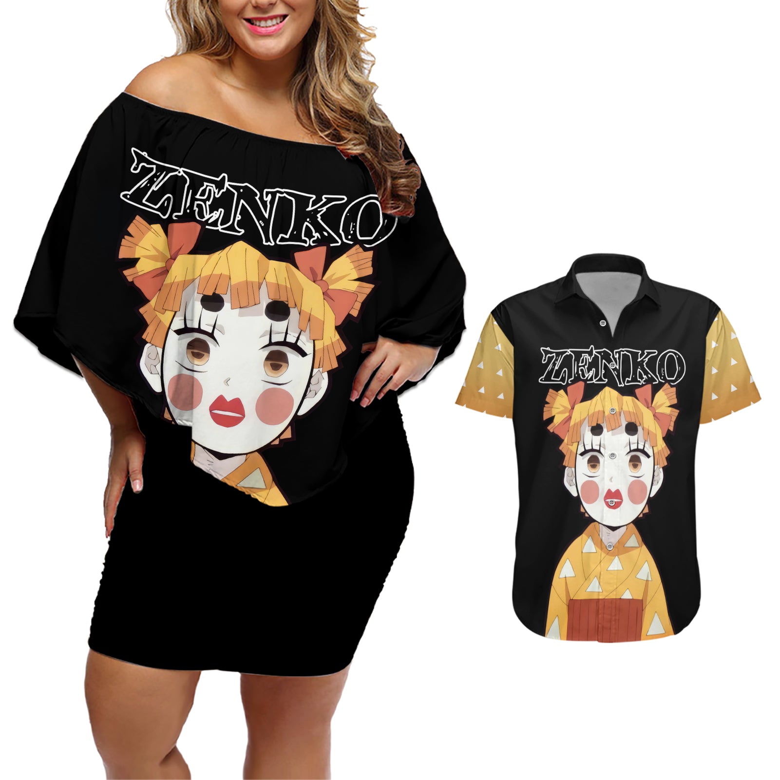 Zenitsu Zenko Demon Slayer Couples Matching Off Shoulder Short Dress and Hawaiian Shirt Funny Face