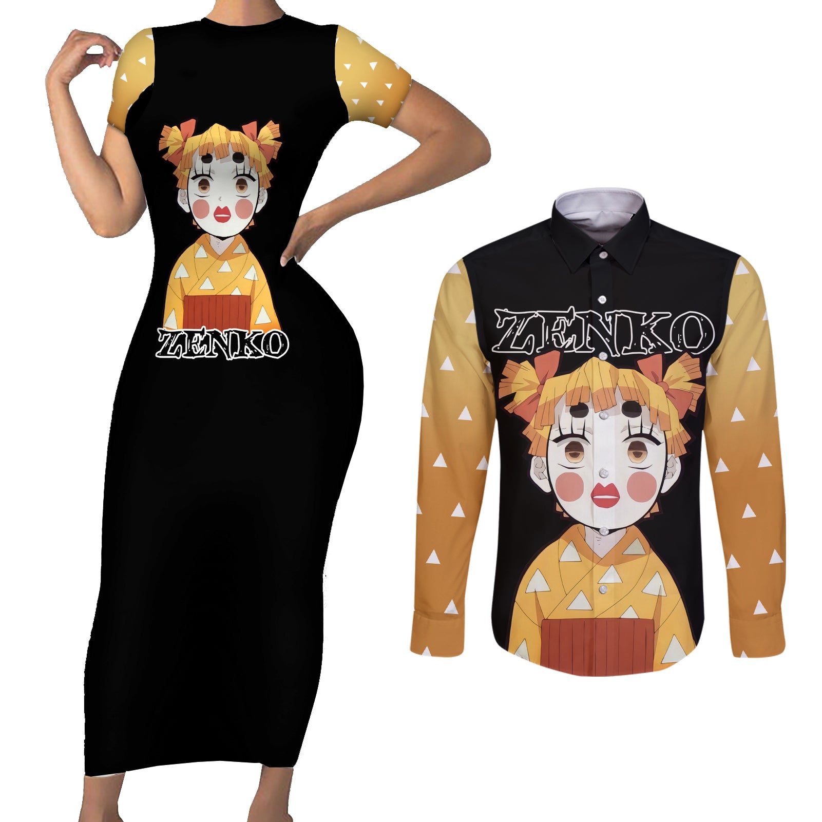 Zenitsu Zenko Demon Slayer Couples Matching Short Sleeve Bodycon Dress and Long Sleeve Button Shirt Funny Face