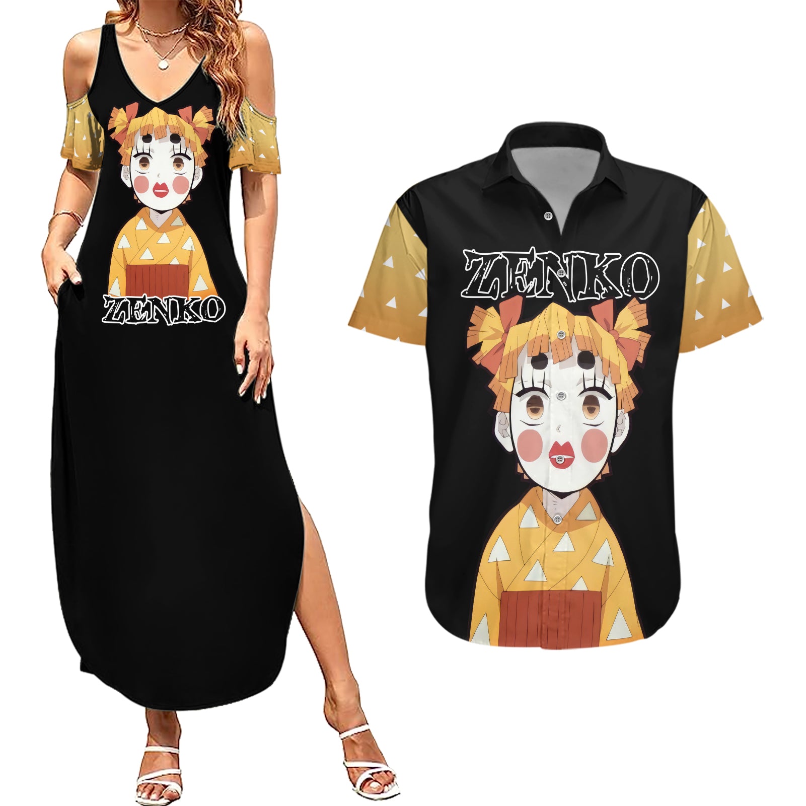 Zenitsu Zenko Demon Slayer Couples Matching Summer Maxi Dress and Hawaiian Shirt Funny Face