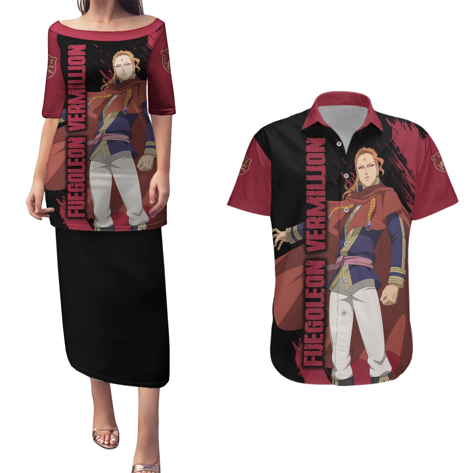 Crimson Lion Fuegoleon Vermillion Couples Matching Puletasi and Hawaiian Shirt Black Clover