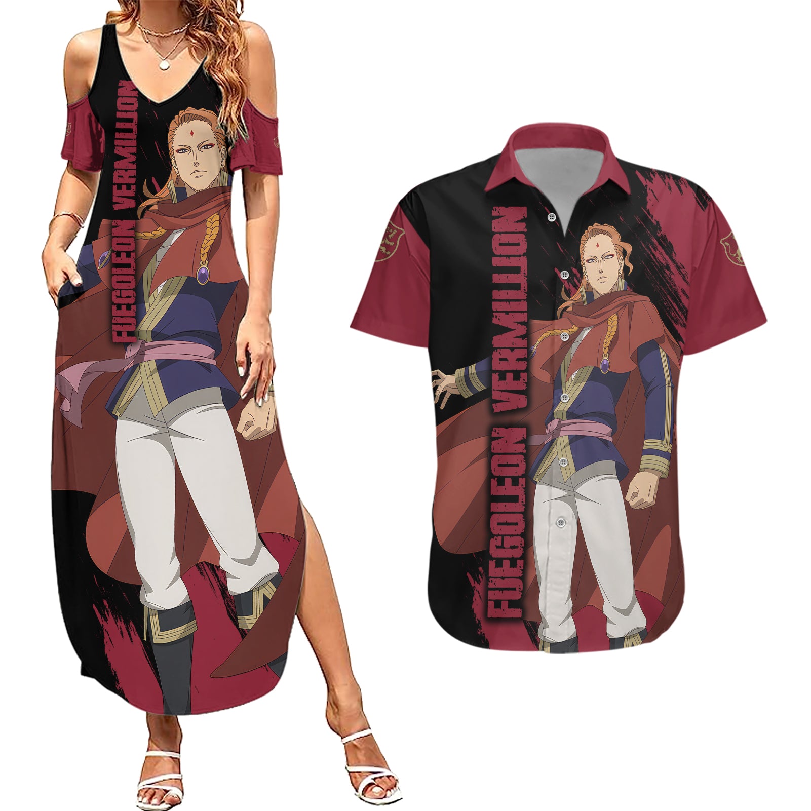 Crimson Lion Fuegoleon Vermillion Couples Matching Summer Maxi Dress and Hawaiian Shirt Black Clover