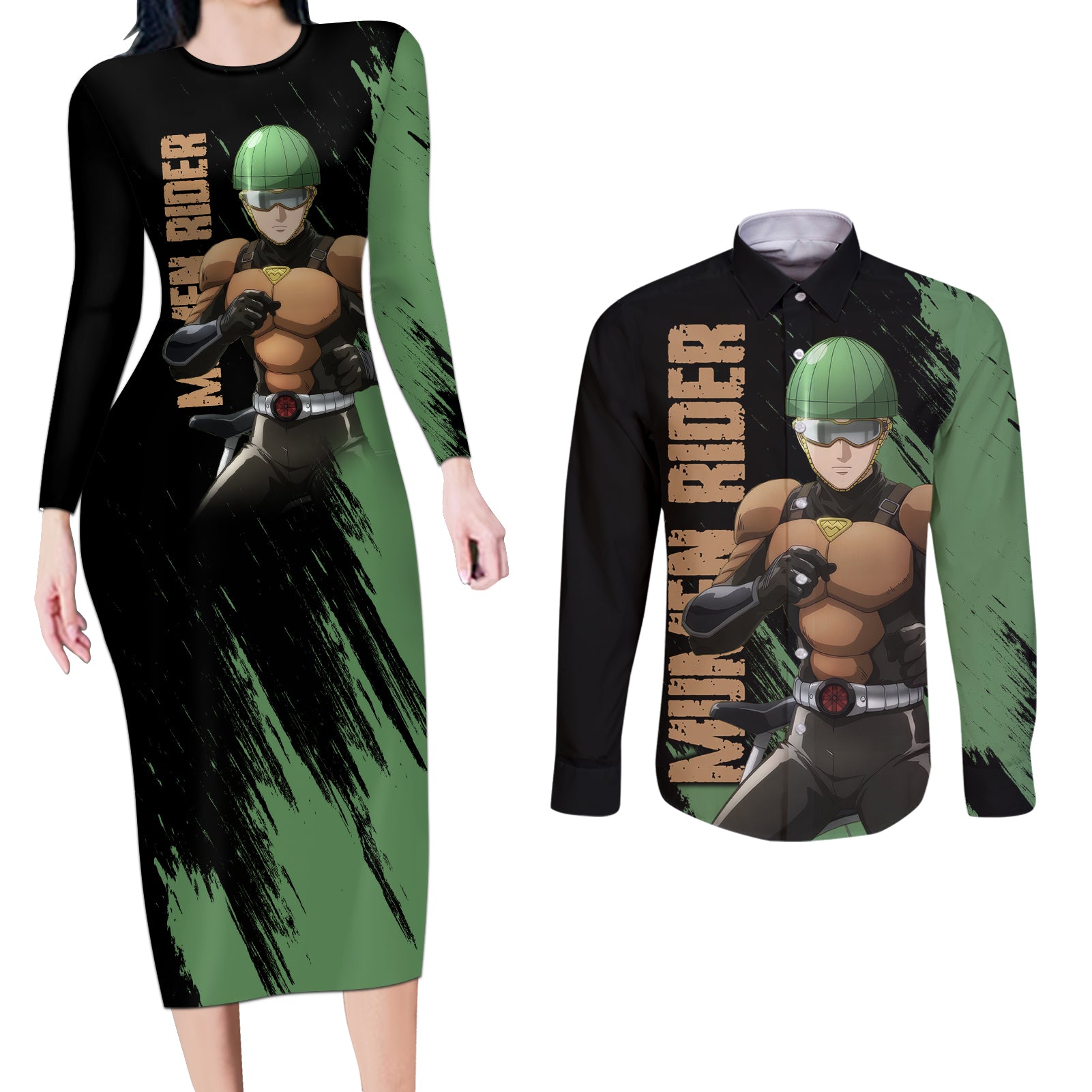 Mumen Rider Couples Matching Long Sleeve Bodycon Dress and Long Sleeve Button Shirt One Punch Man