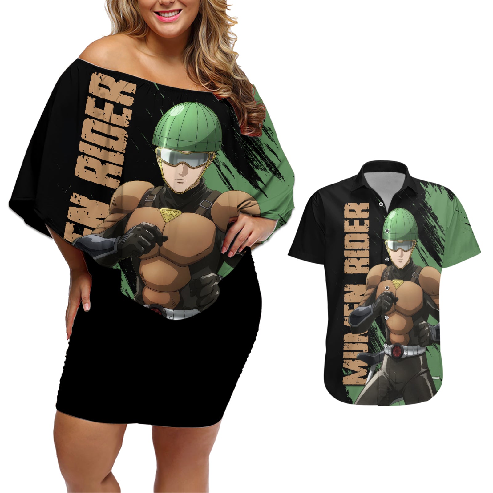 Mumen Rider Couples Matching Off Shoulder Short Dress and Hawaiian Shirt One Punch Man