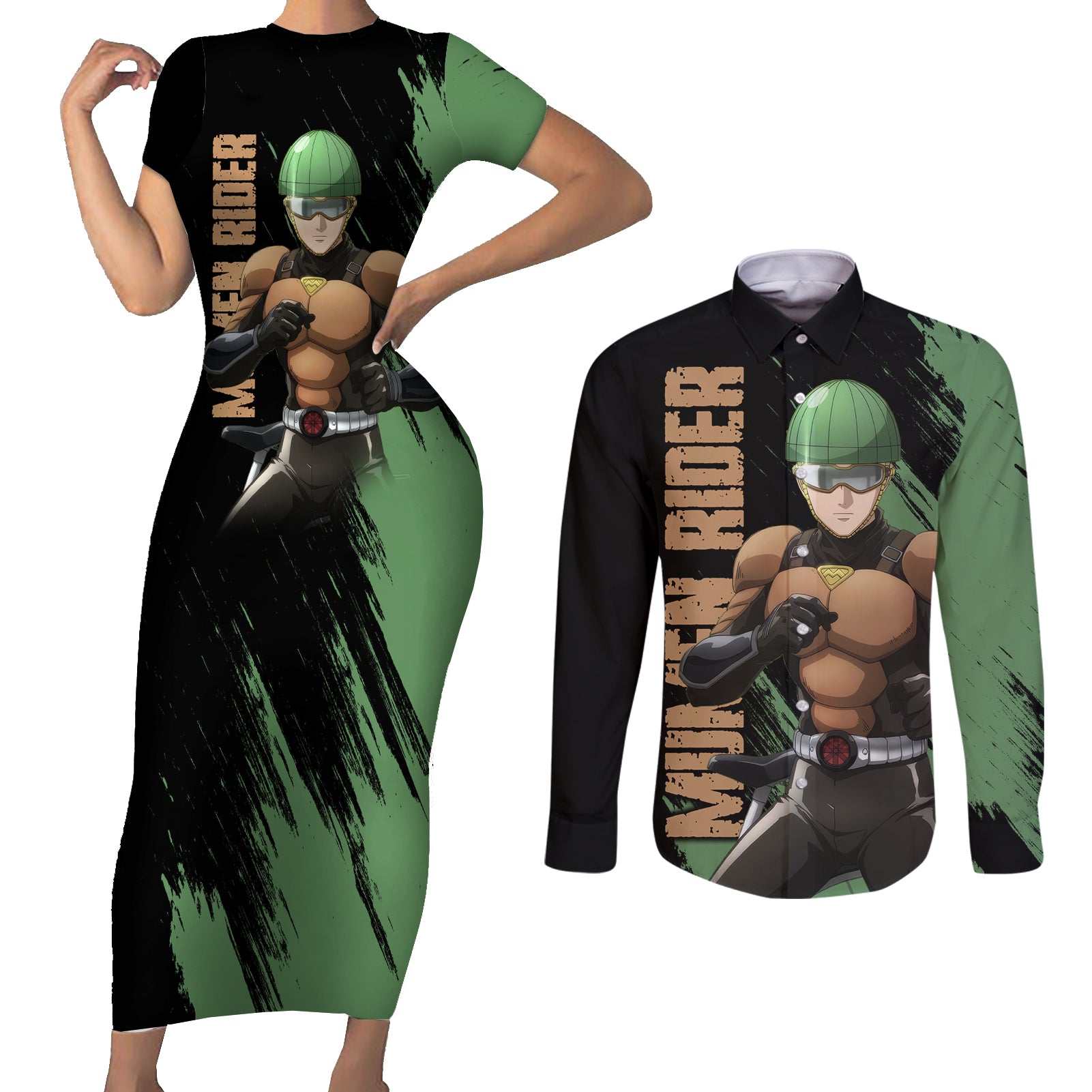 Mumen Rider Couples Matching Short Sleeve Bodycon Dress and Long Sleeve Button Shirt One Punch Man