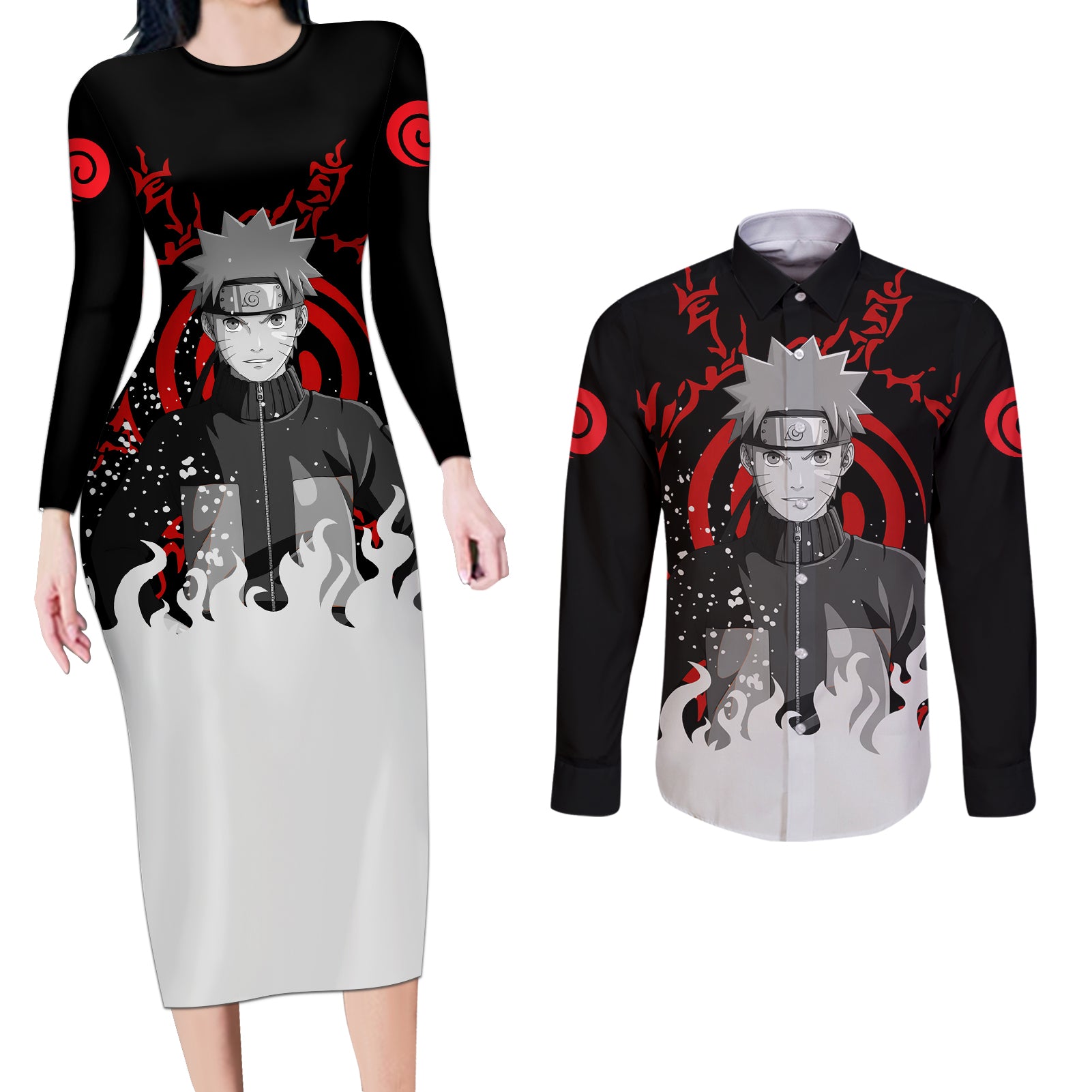 Uzumaki Couples Matching Long Sleeve Bodycon Dress and Long Sleeve Button Shirt Naruto