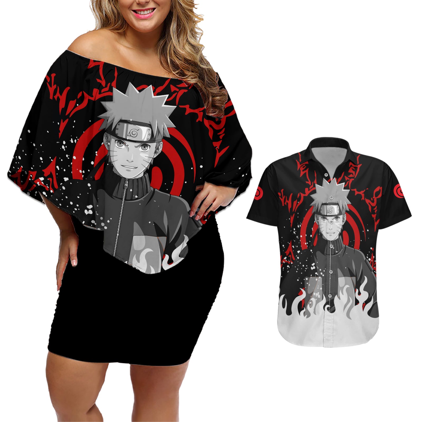 Uzumaki Couples Matching Off Shoulder Short Dress and Hawaiian Shirt Naruto