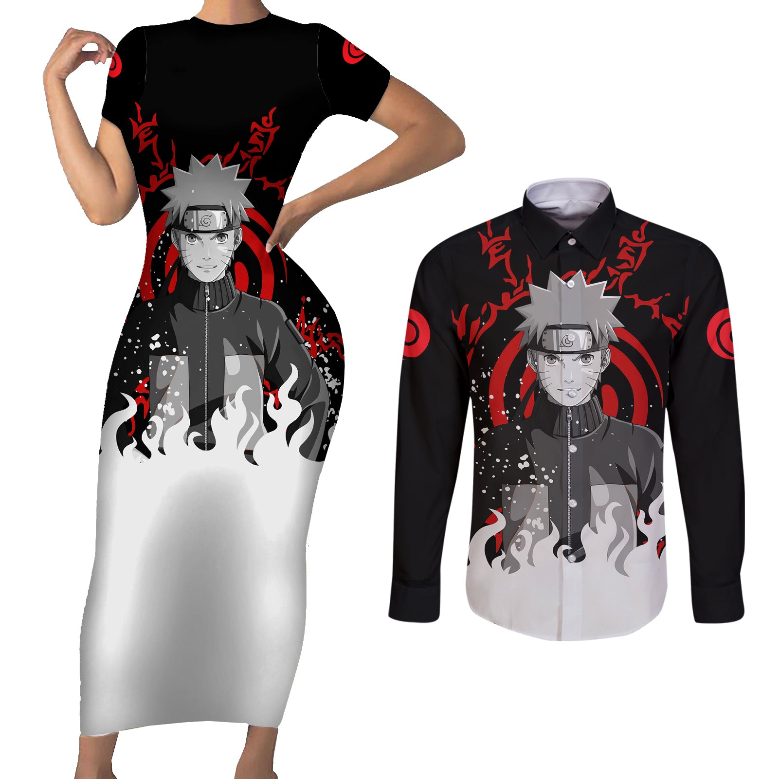 Uzumaki Couples Matching Short Sleeve Bodycon Dress and Long Sleeve Button Shirt Naruto