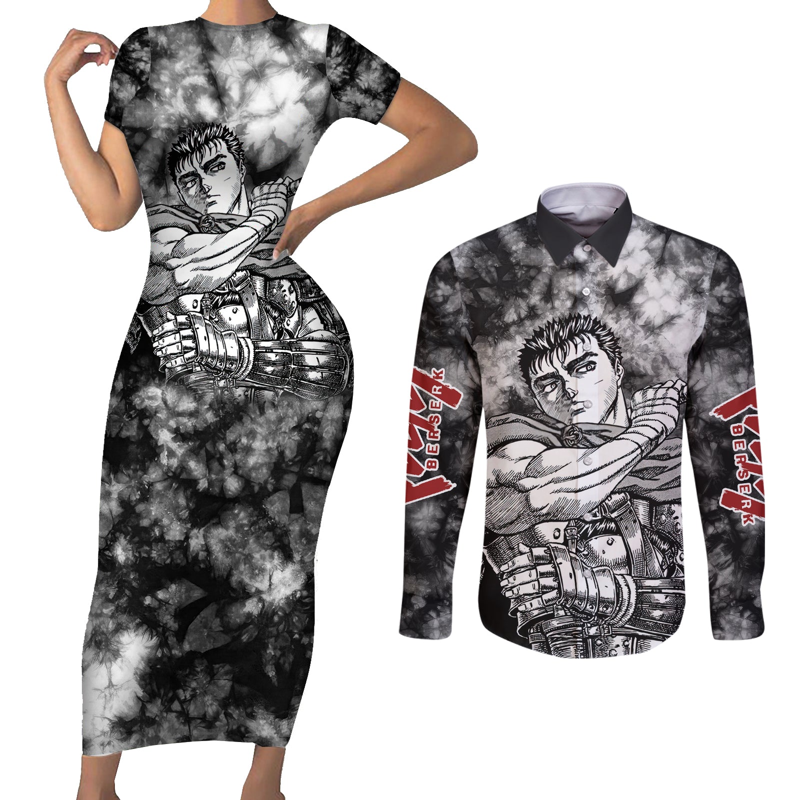 Guts Berserk Couples Matching Short Sleeve Bodycon Dress and Long Sleeve Button Shirt Grunge Style