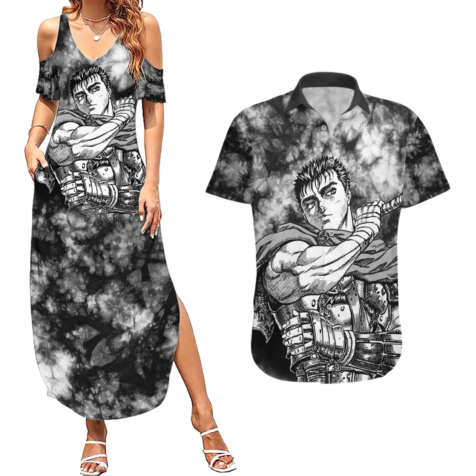 Guts Berserk Couples Matching Summer Maxi Dress and Hawaiian Shirt Grunge Style