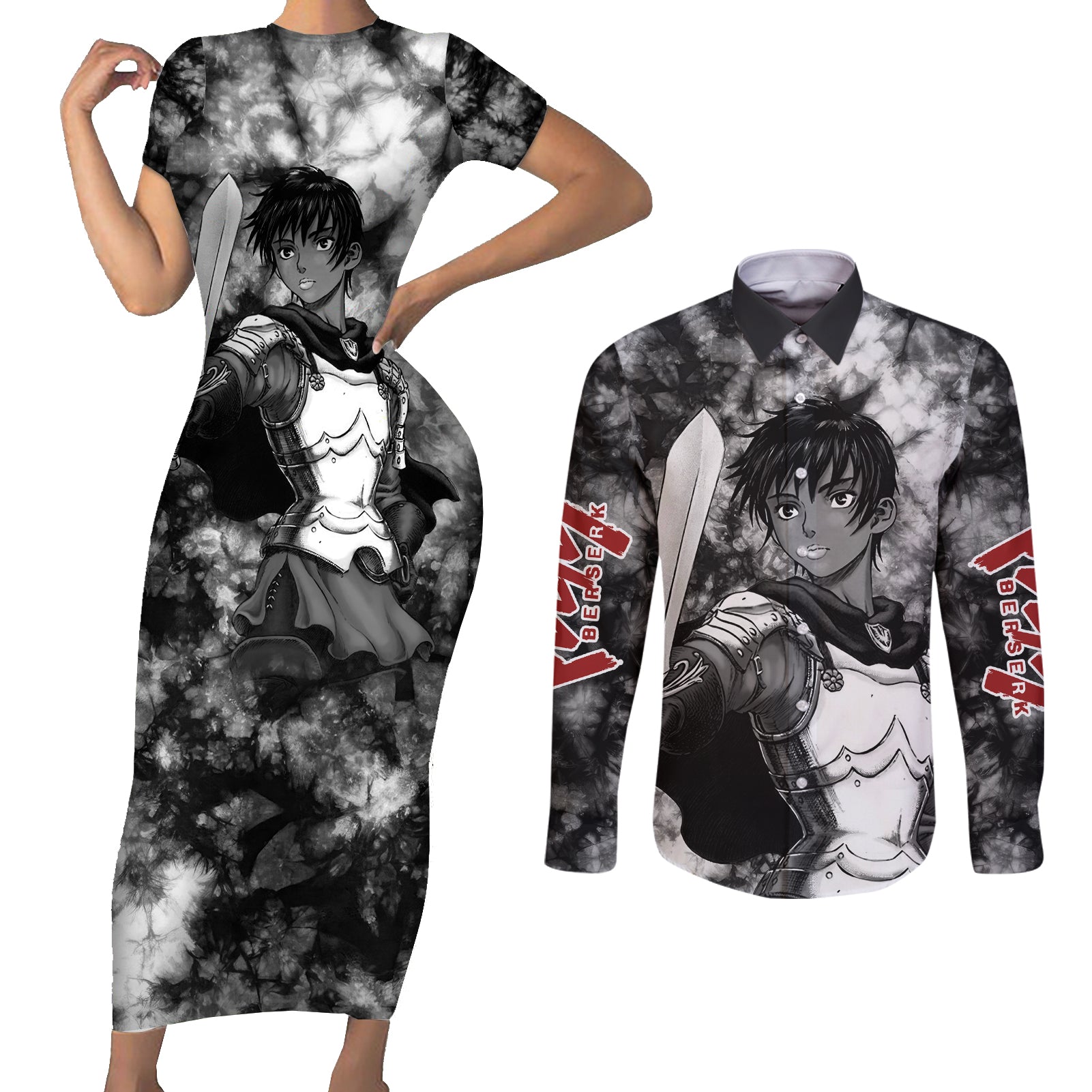 Casca Berserk Couples Matching Short Sleeve Bodycon Dress and Long Sleeve Button Shirt Casca Berserk