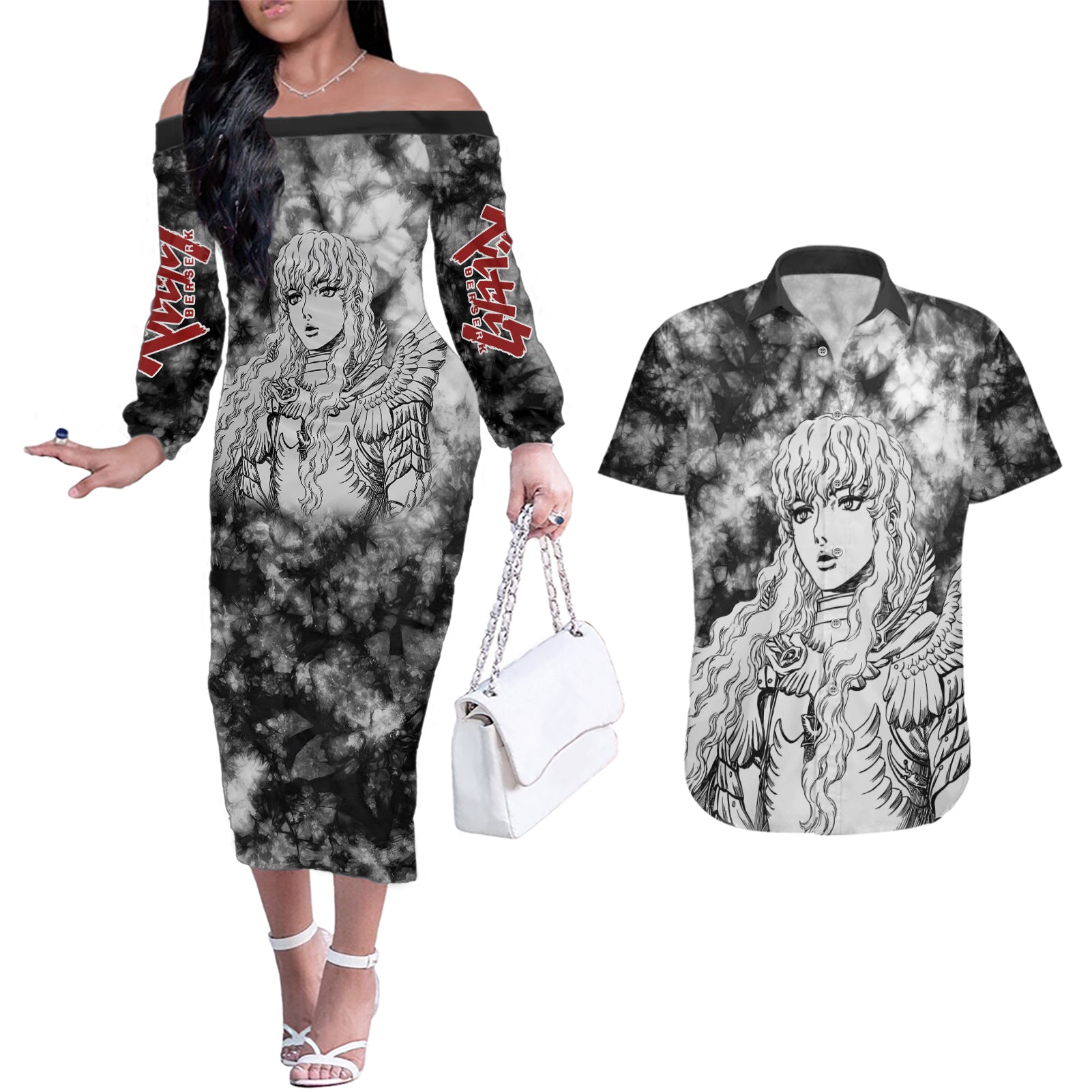 Griffith Berserk Couples Matching Off The Shoulder Long Sleeve Dress and Hawaiian Shirt Grunge Style