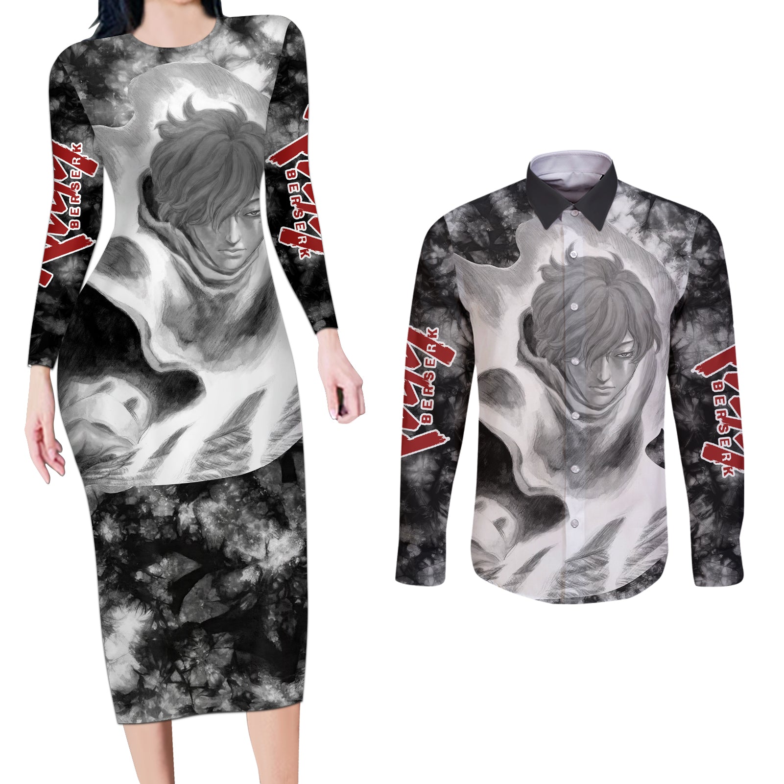 Serpico Berserk Couples Matching Long Sleeve Bodycon Dress and Long Sleeve Button Shirt Grunge Style