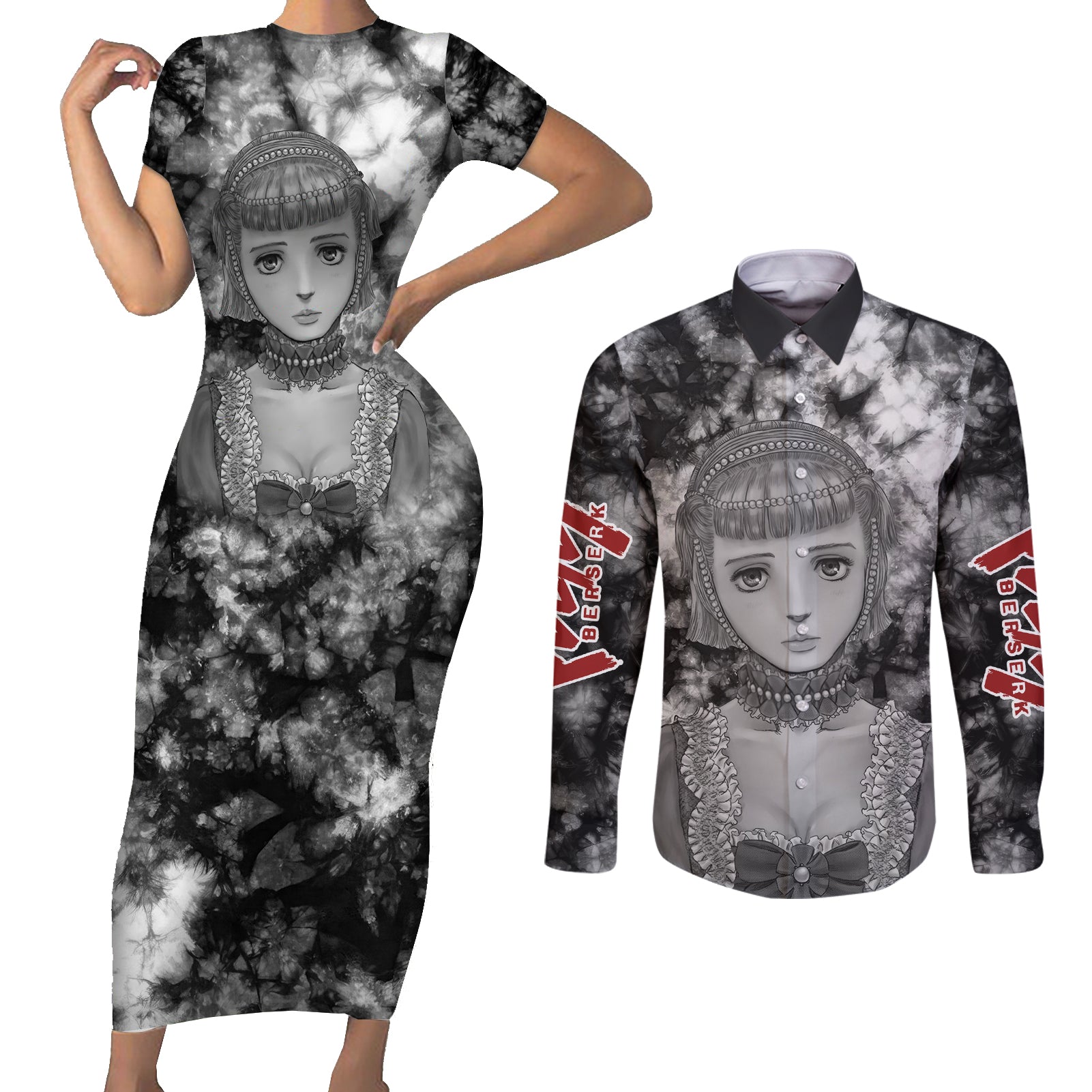 Farnese de Vandimion Berserk Couples Matching Short Sleeve Bodycon Dress and Long Sleeve Button Shirt Grunge Style