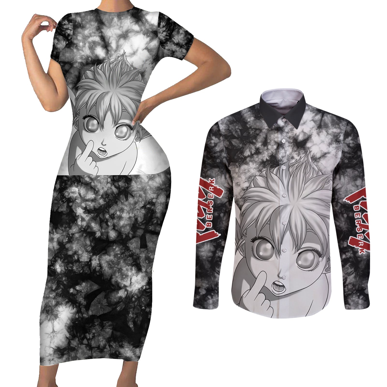 Puck Berserk Couples Matching Short Sleeve Bodycon Dress and Long Sleeve Button Shirt Grunge Style