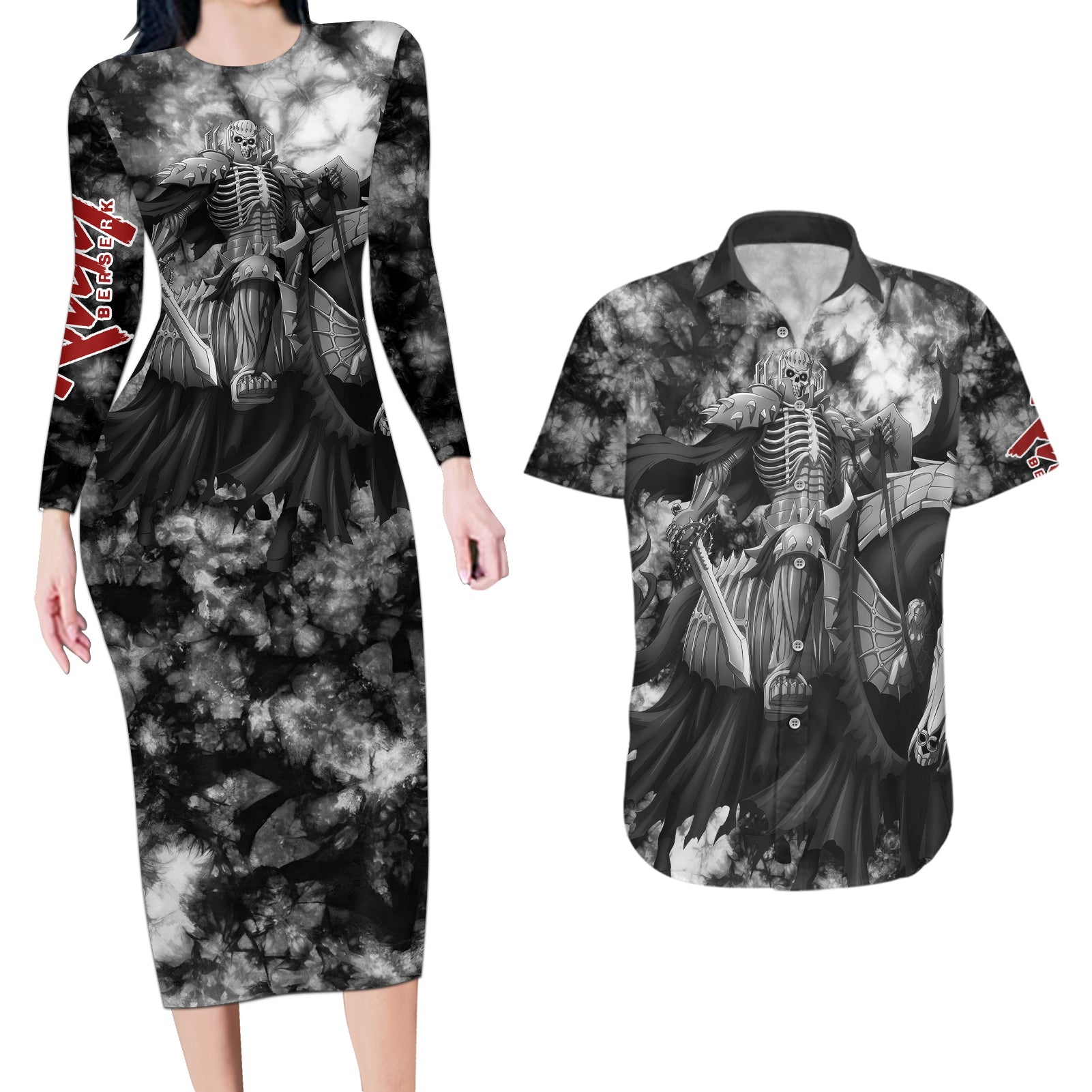 The Skull Knight Berserk Couples Matching Long Sleeve Bodycon Dress and Hawaiian Shirt Anime Grunge Style