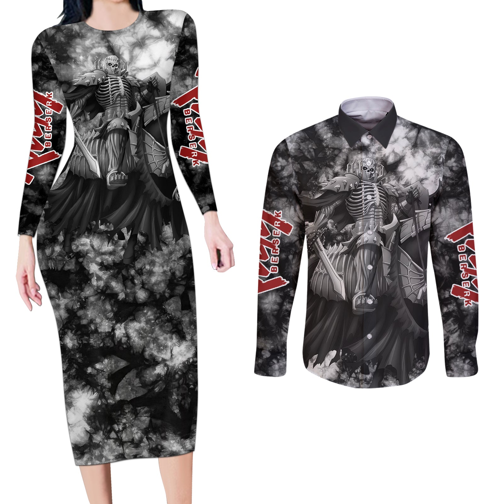 The Skull Knight Berserk Couples Matching Long Sleeve Bodycon Dress and Long Sleeve Button Shirt Anime Grunge Style