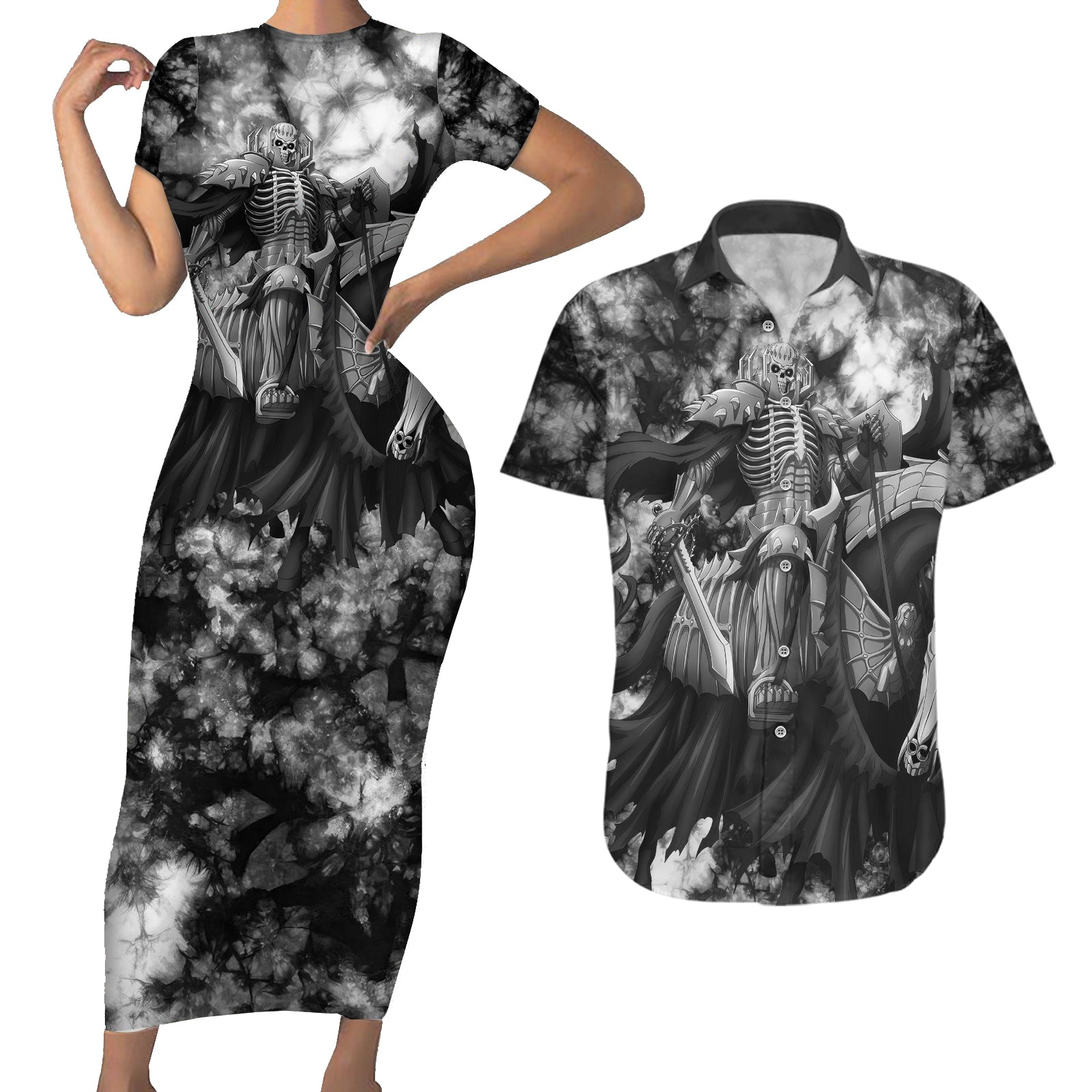 The Skull Knight Berserk Couples Matching Short Sleeve Bodycon Dress and Hawaiian Shirt Anime Grunge Style