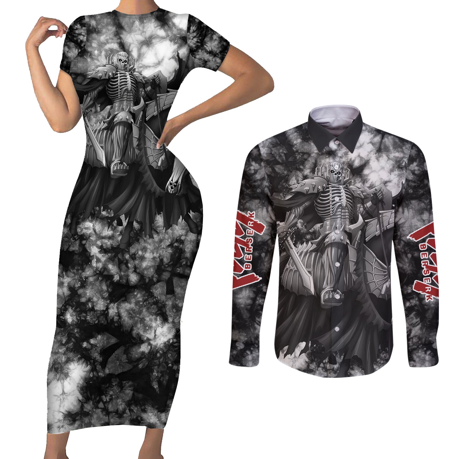 The Skull Knight Berserk Couples Matching Short Sleeve Bodycon Dress and Long Sleeve Button Shirt Anime Grunge Style