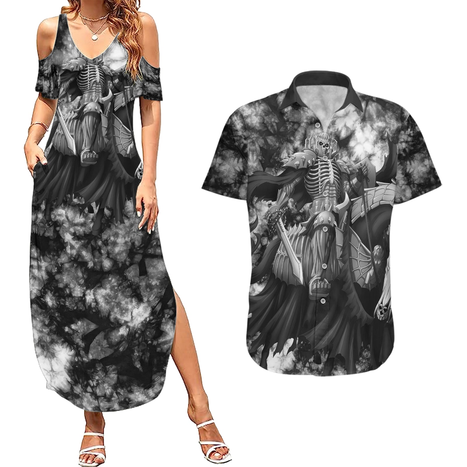 The Skull Knight Berserk Couples Matching Summer Maxi Dress and Hawaiian Shirt Anime Grunge Style