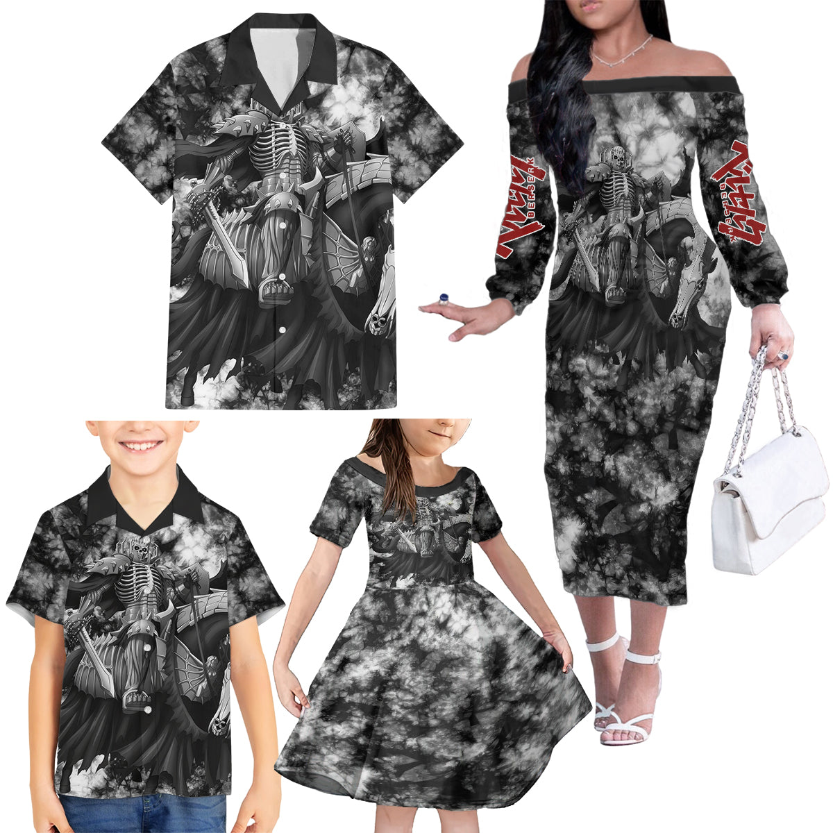 The Skull Knight Berserk Family Matching Off The Shoulder Long Sleeve Dress and Hawaiian Shirt Anime Grunge Style