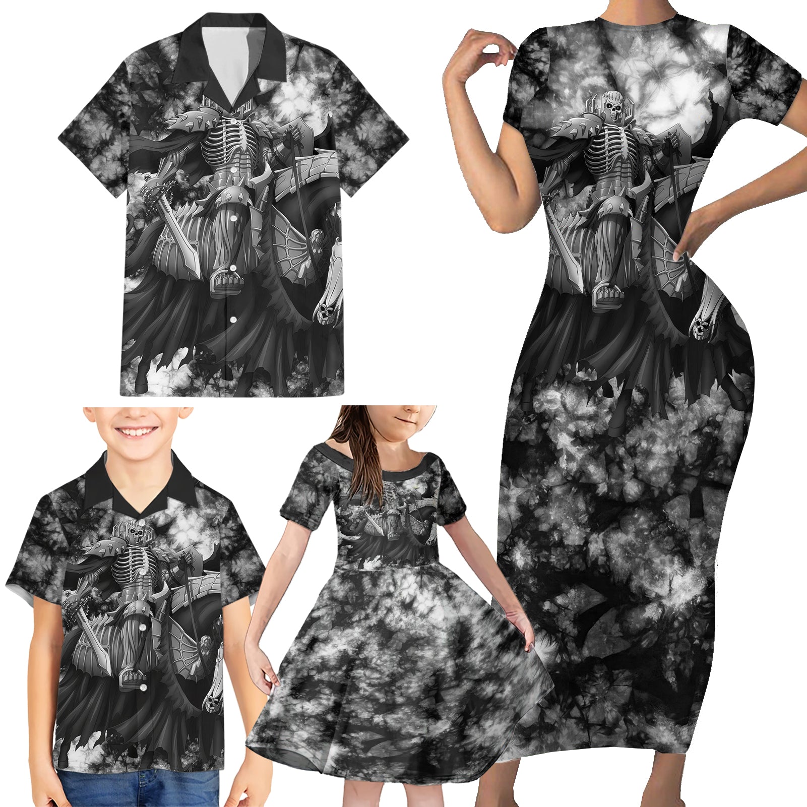 The Skull Knight Berserk Family Matching Short Sleeve Bodycon Dress and Hawaiian Shirt Anime Grunge Style