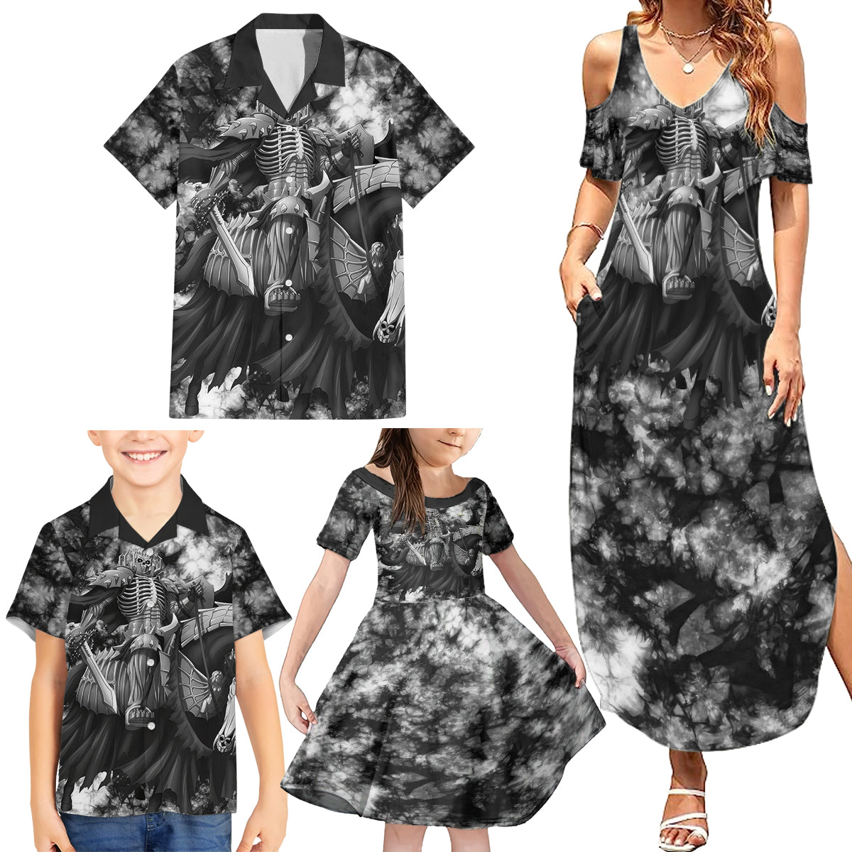 The Skull Knight Berserk Family Matching Summer Maxi Dress and Hawaiian Shirt Anime Grunge Style