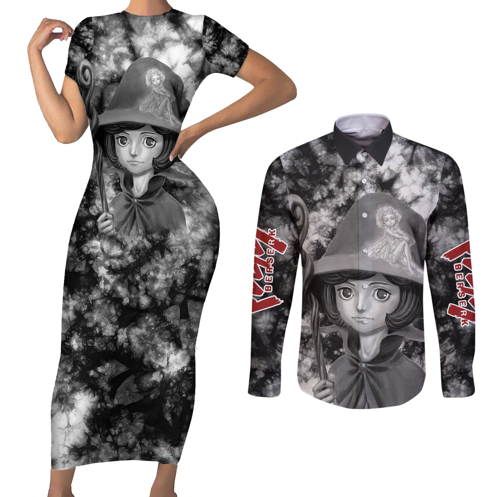 Schierke Berserk Couples Matching Short Sleeve Bodycon Dress and Long Sleeve Button Shirt Anime Grunge Style