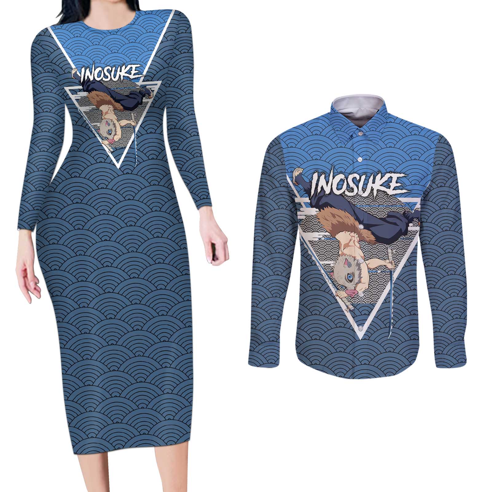 Inosuke - Demon Slayer Couples Matching Long Sleeve Bodycon Dress and Long Sleeve Button Shirt Anime Japan Art Style