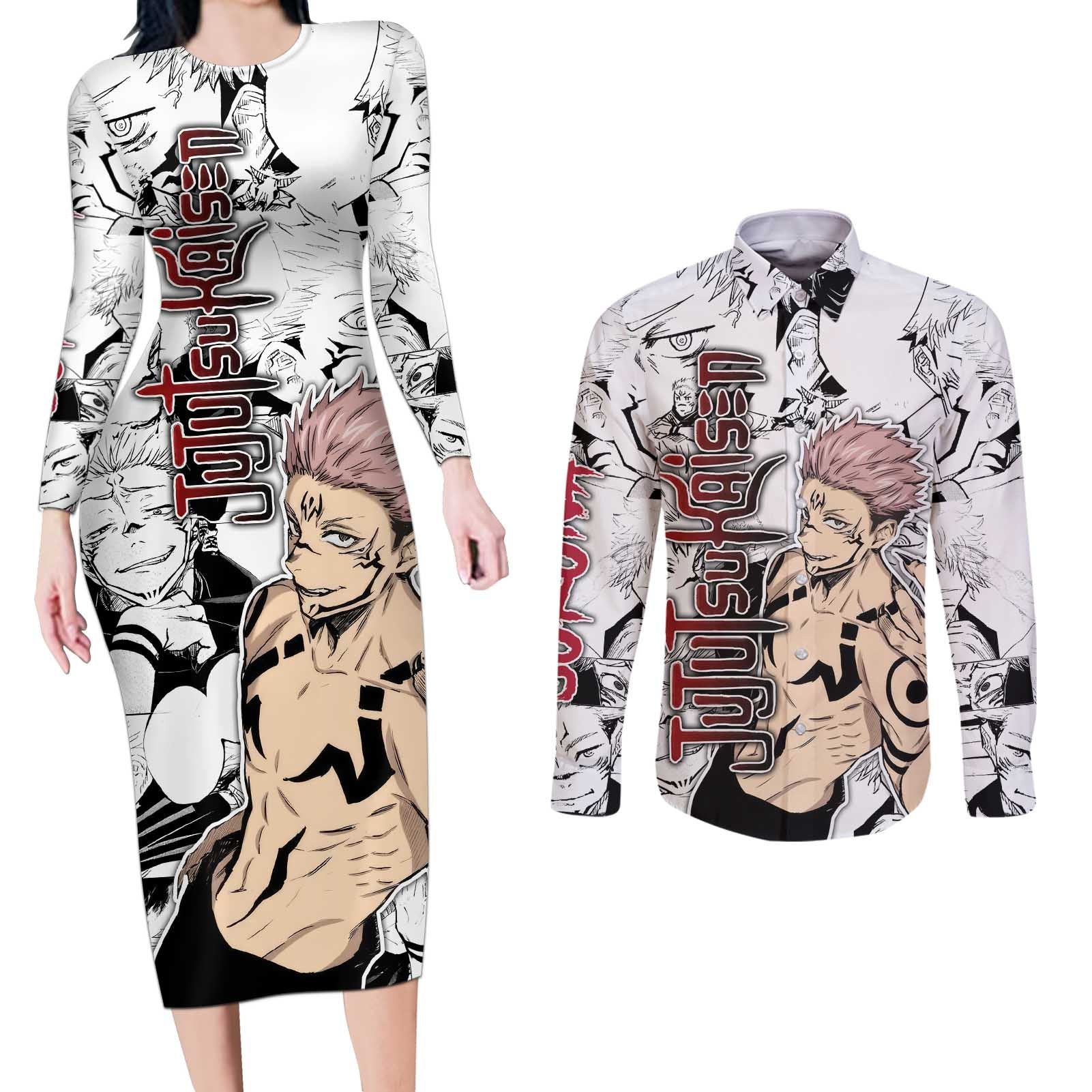 Sukuna - Jujutsu Kaisen Couples Matching Long Sleeve Bodycon Dress and Long Sleeve Button Shirt Pattern Anime Mix Manga Style