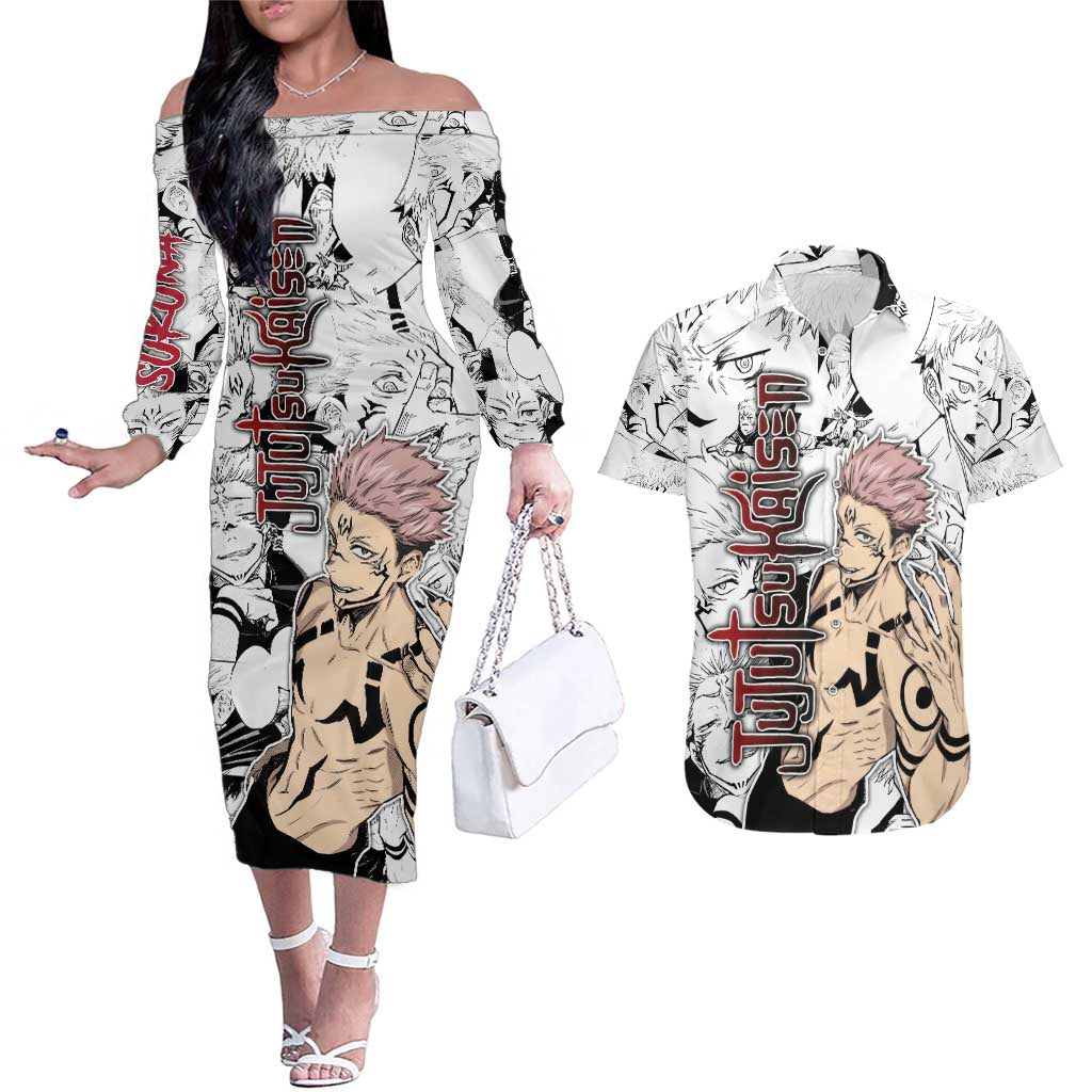 Sukuna - Jujutsu Kaisen Couples Matching Off The Shoulder Long Sleeve Dress and Hawaiian Shirt Pattern Anime Mix Manga Style